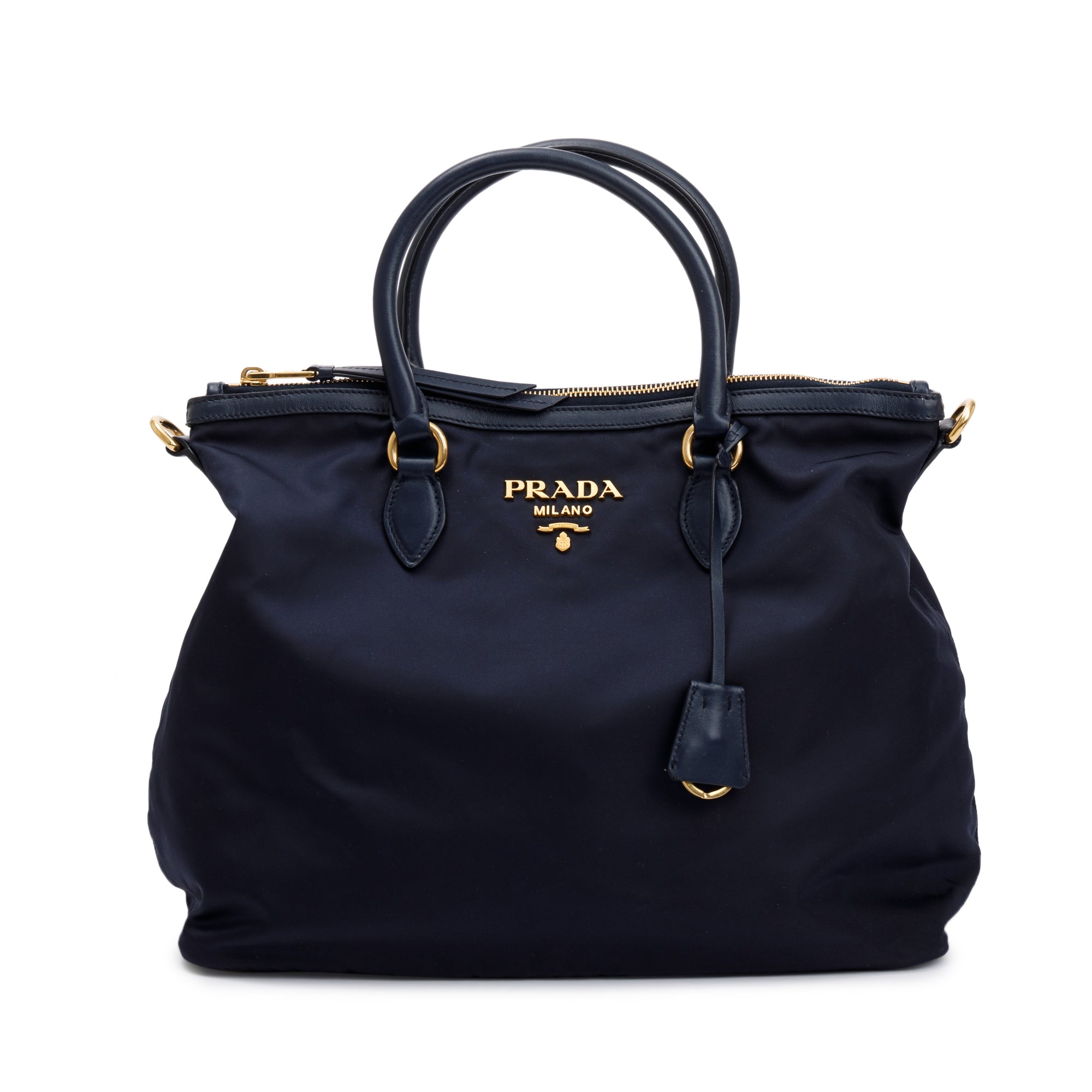 Prada Navy Leather Trimmed Tessuto Nylon Tote w/ Strap