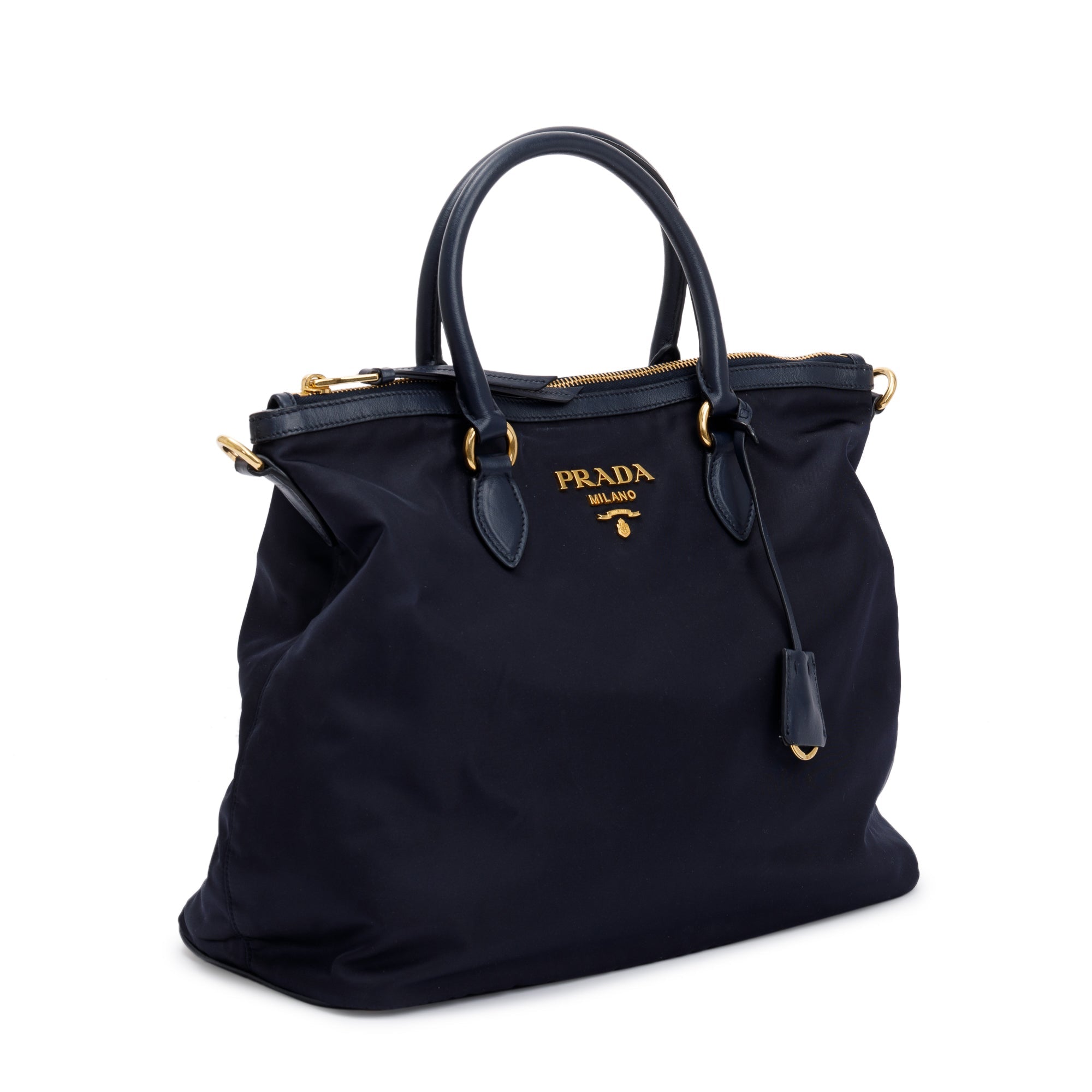 Prada Navy Leather Trimmed Tessuto Nylon Tote w/ Strap