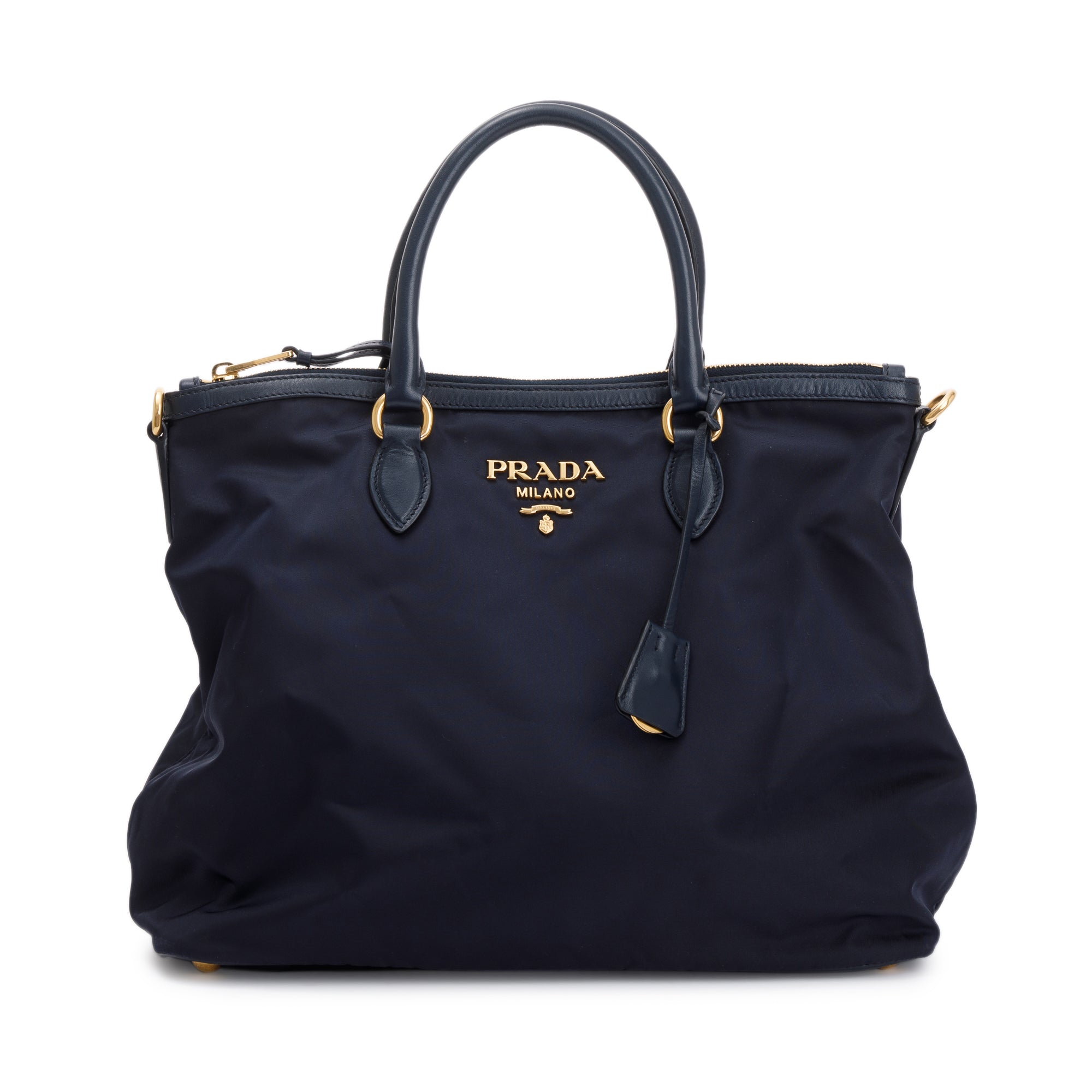Prada Navy Leather Trimmed Tessuto Nylon Tote w/ Strap