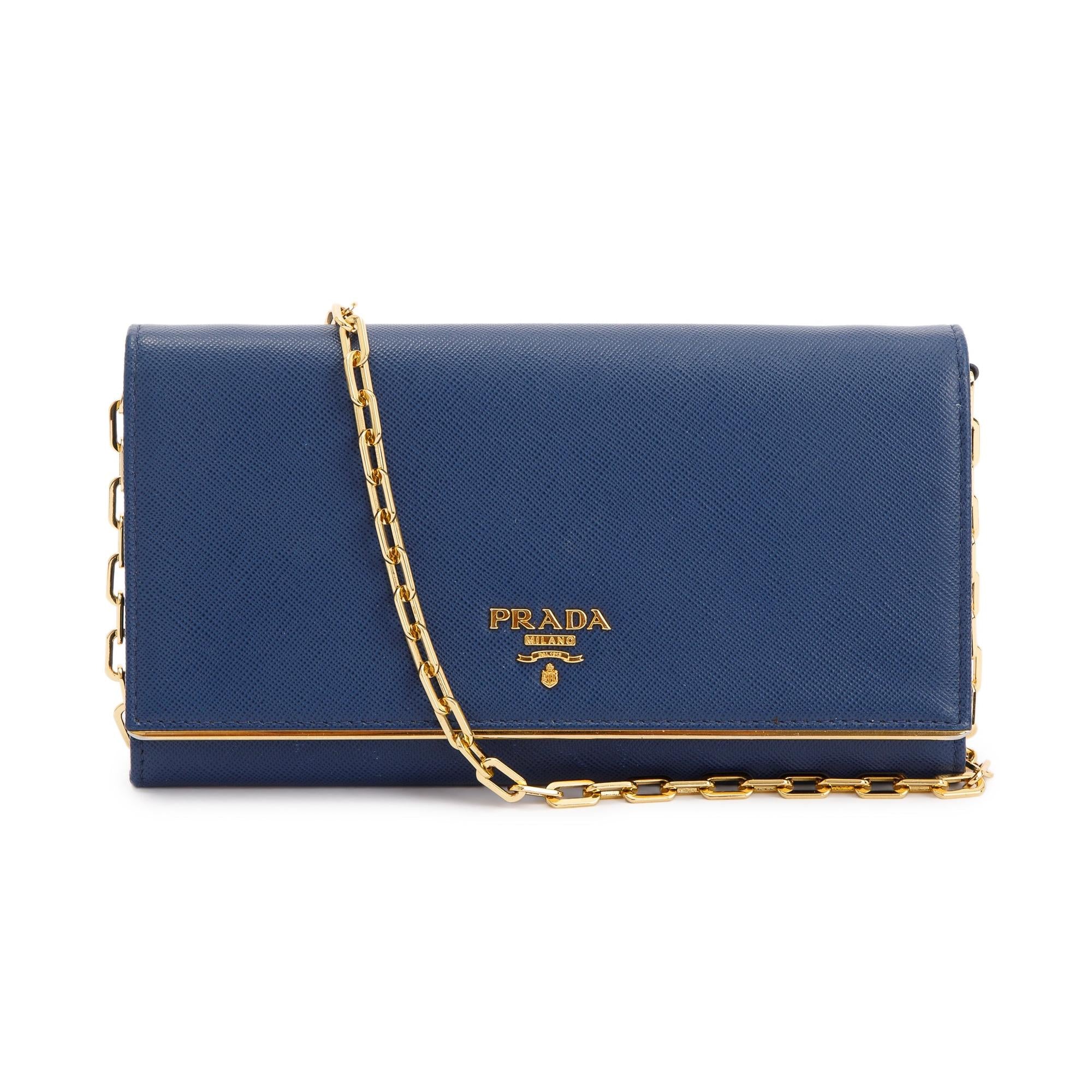 Prada Navy Saffiano Metal Wallet on Chain w/ Box & Authenticity Card