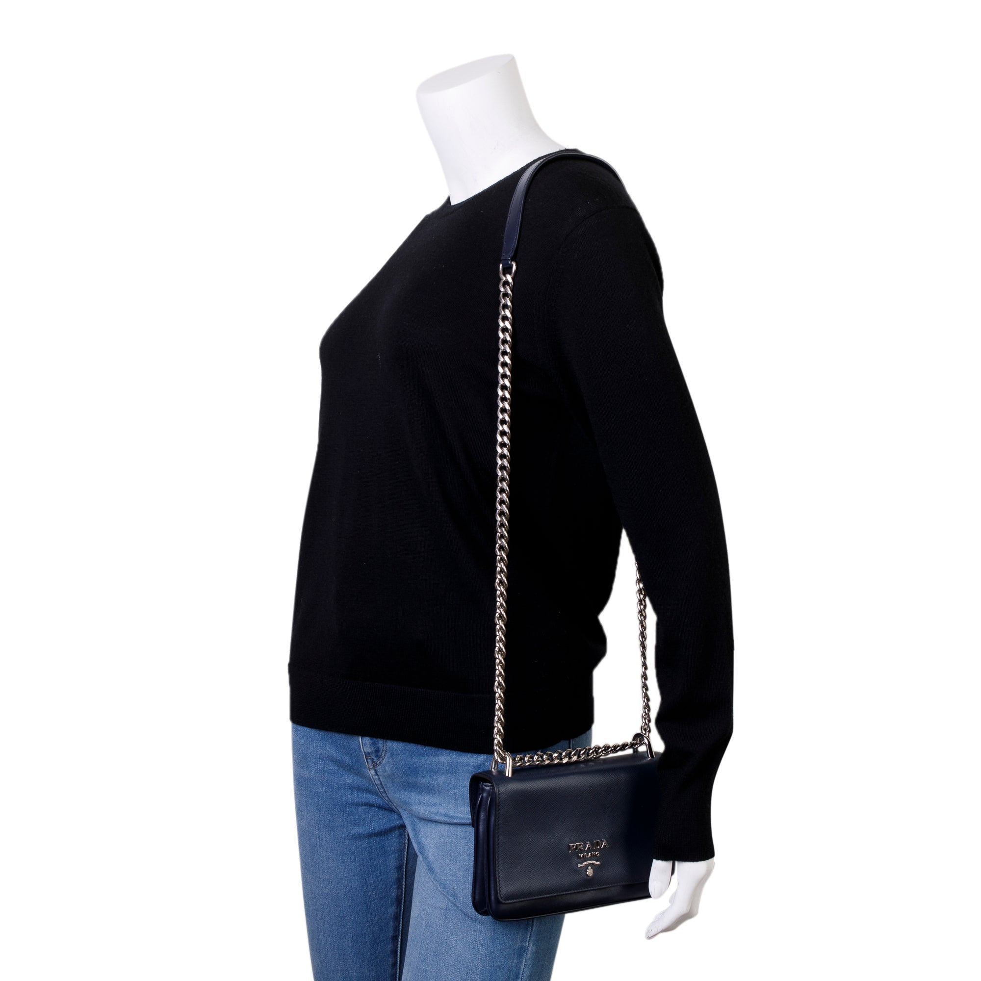 Prada Navy Soft Calf Saffiano Leather Chain Crossbody Bag