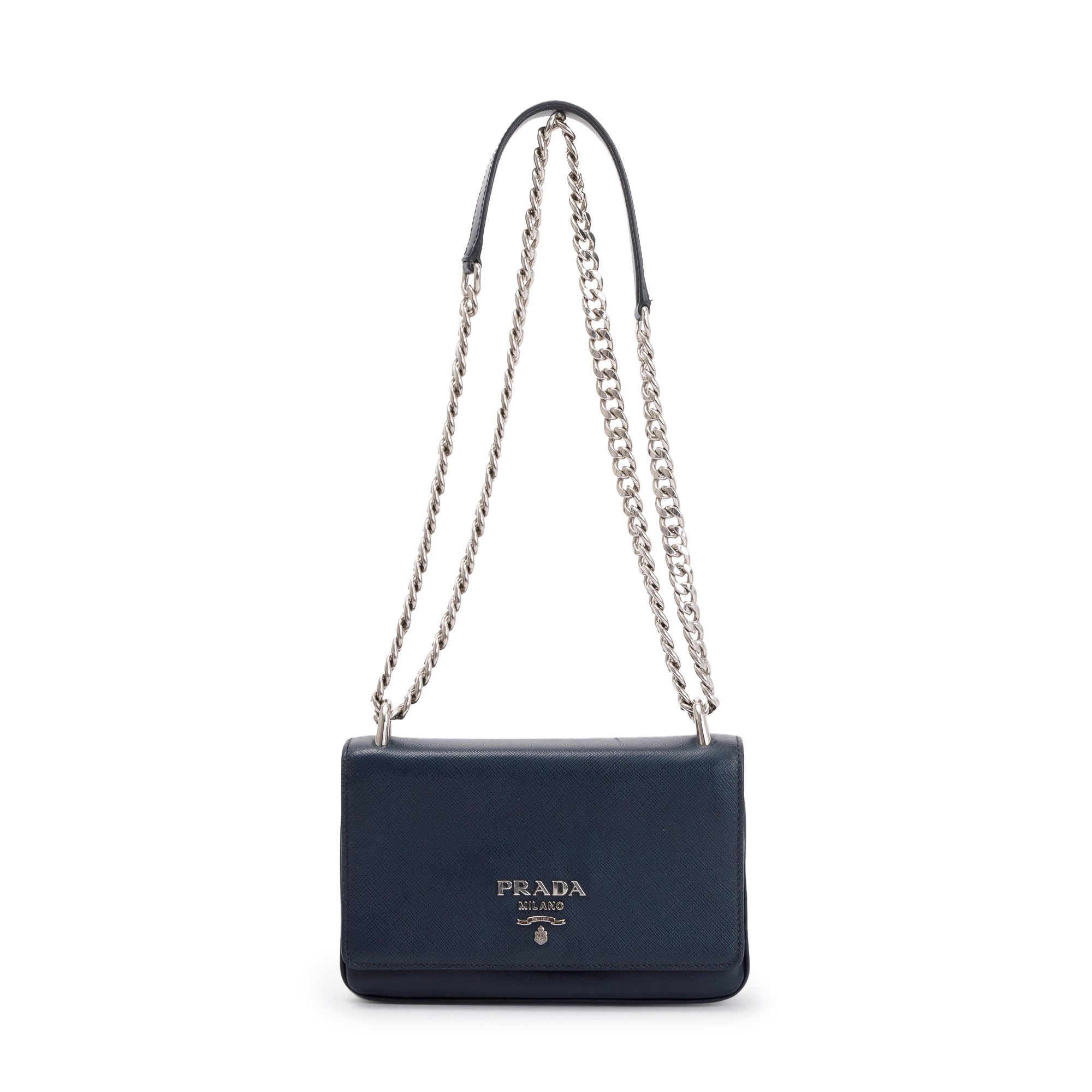 Prada Navy Soft Calf Saffiano Leather Chain Crossbody Bag