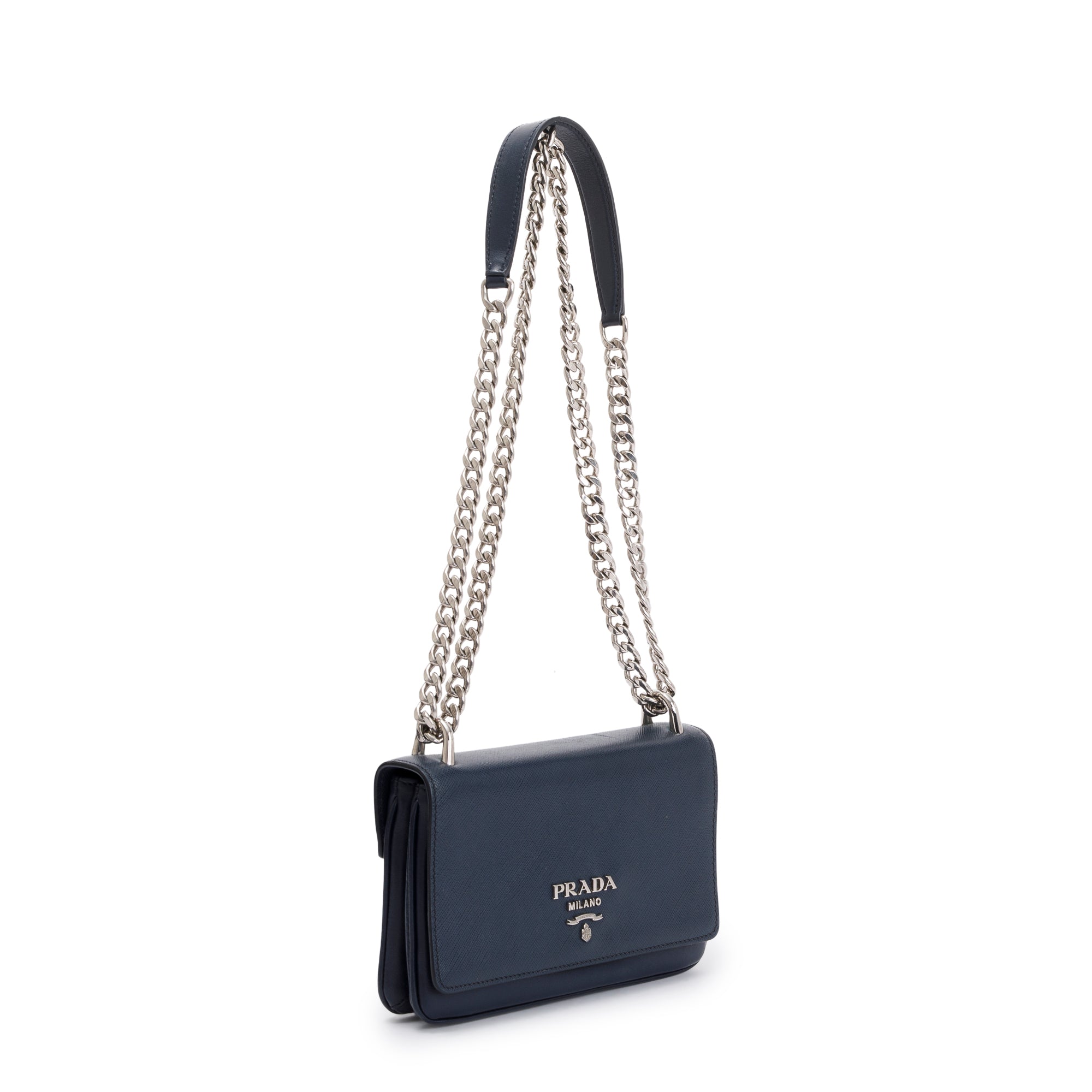 Prada Navy Soft Calf Saffiano Leather Chain Crossbody Bag