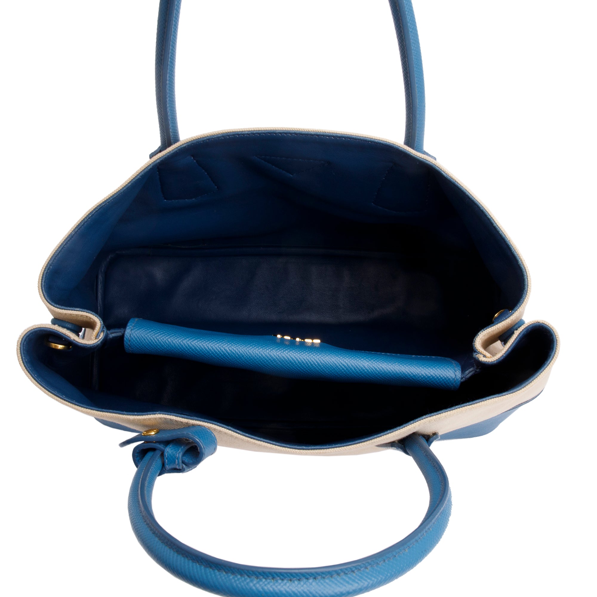 Prada Neutral Canvas Blue Saffiano Trim Medium Cuir Double Tote