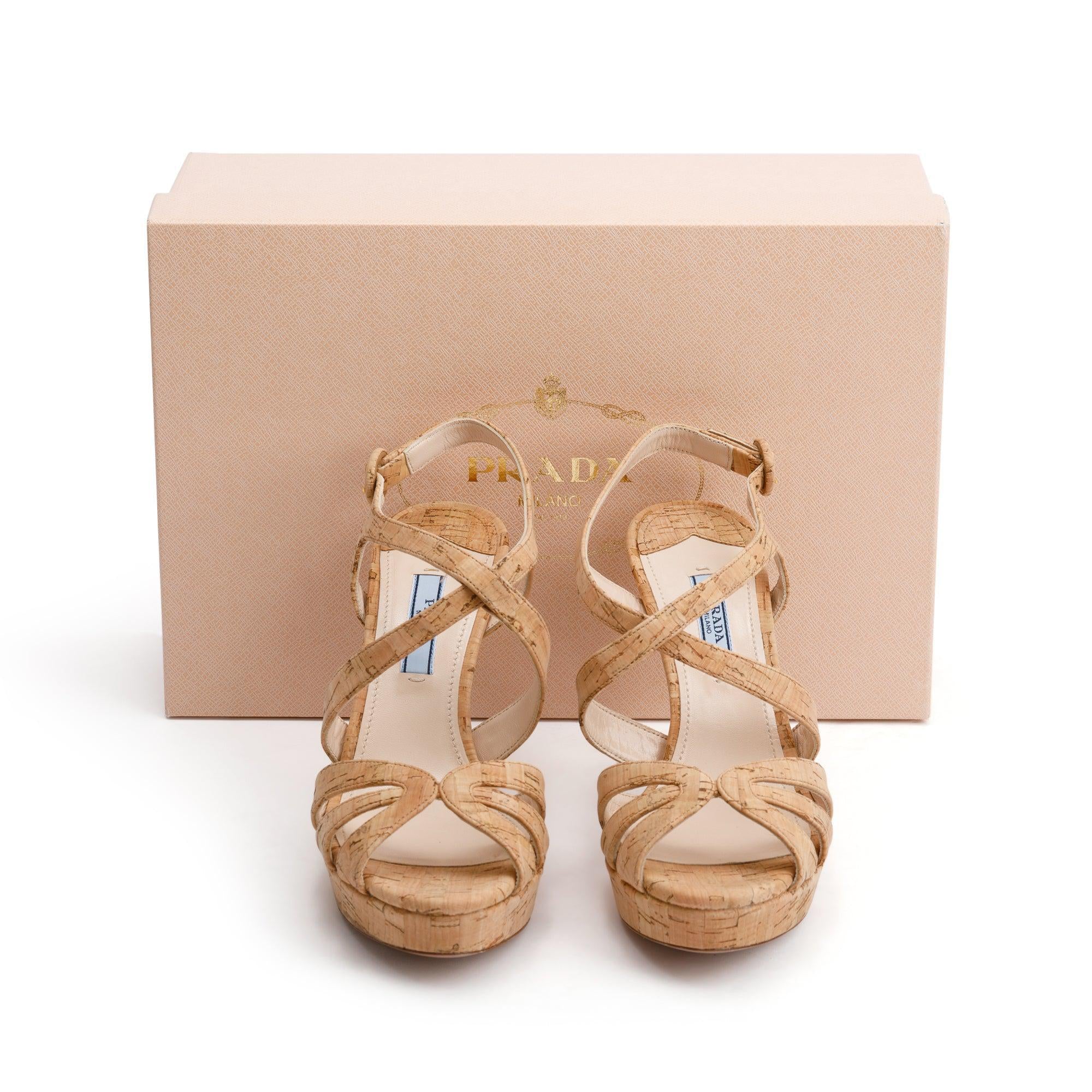 Prada Neutral Printed Sughero Chic Sling Back Sandals, Size 36.5 w/ Box