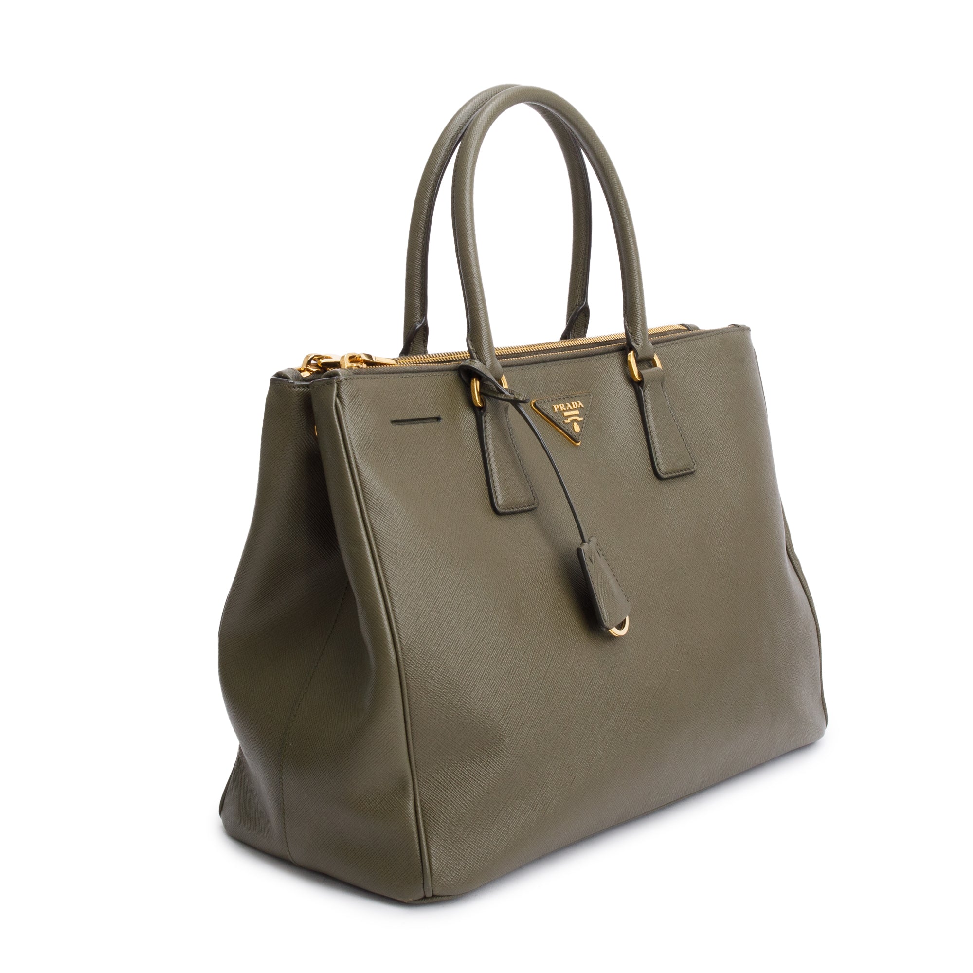 Prada Olive Green Saffiano Lux Large Double Zip Galleria Tote w/ Strap