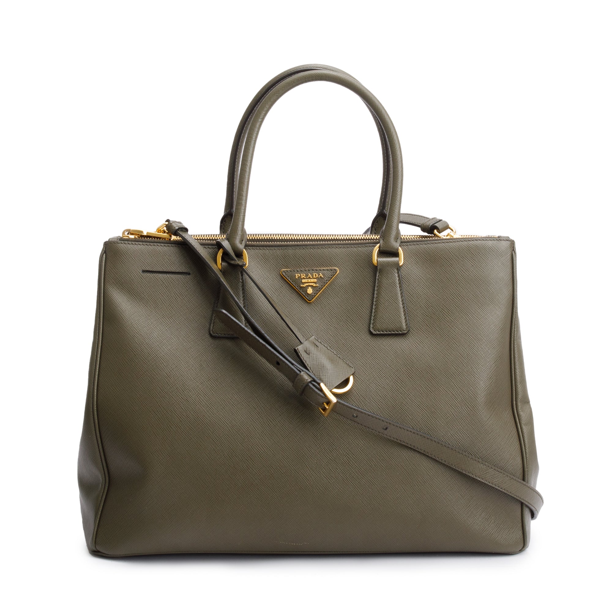 Prada Olive Green Saffiano Lux Large Double Zip Galleria Tote w/ Strap