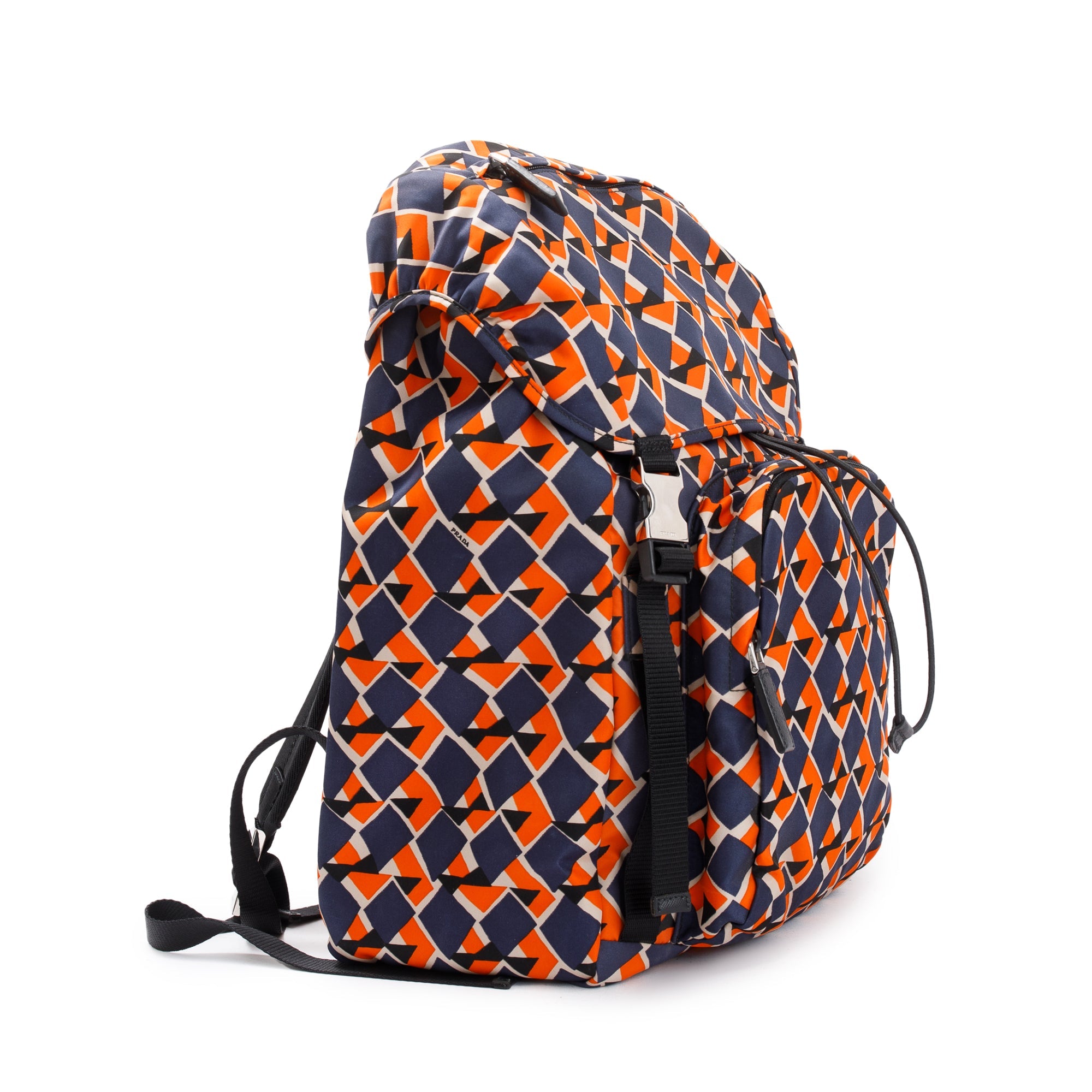 Prada Orange/Navy Tessuto Stampato Double Buckle Backpack w/ Authenticity Card
