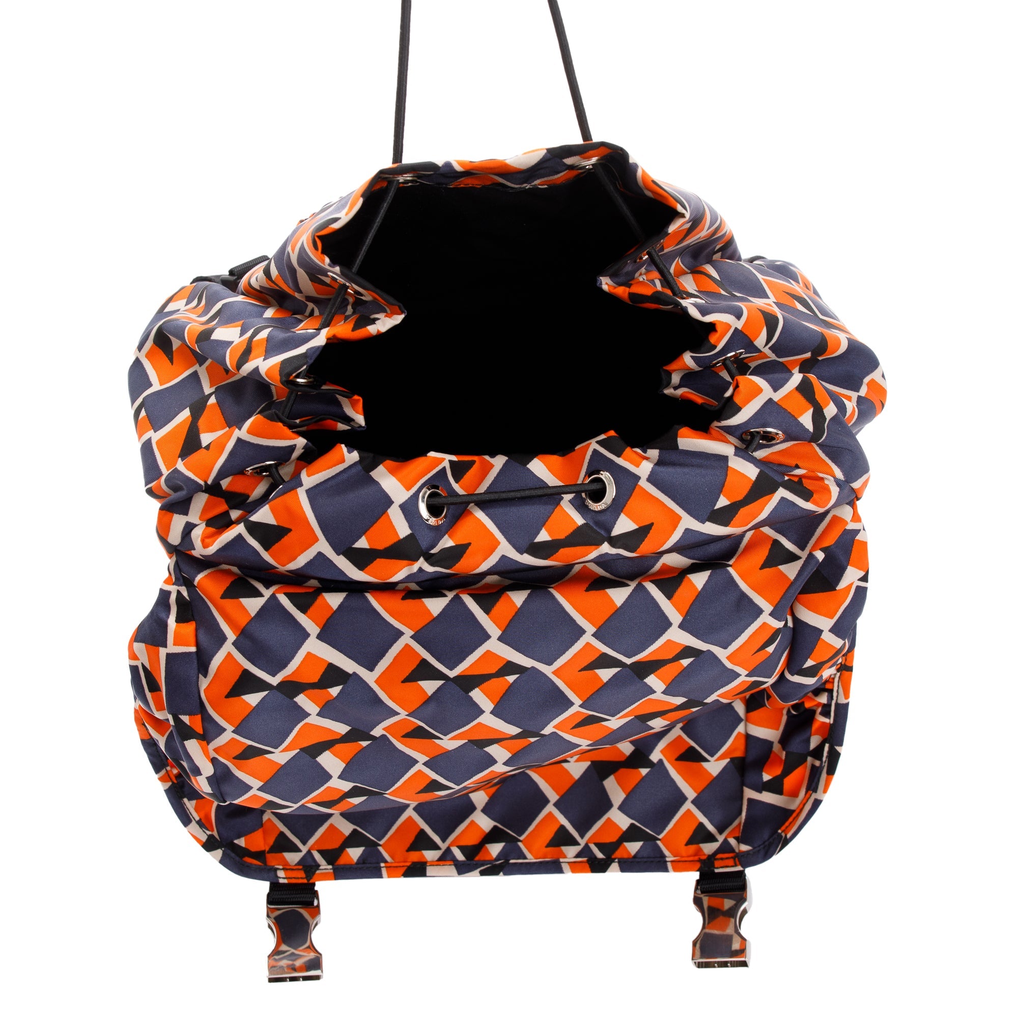 Prada Orange/Navy Tessuto Stampato Double Buckle Backpack w/ Authenticity Card