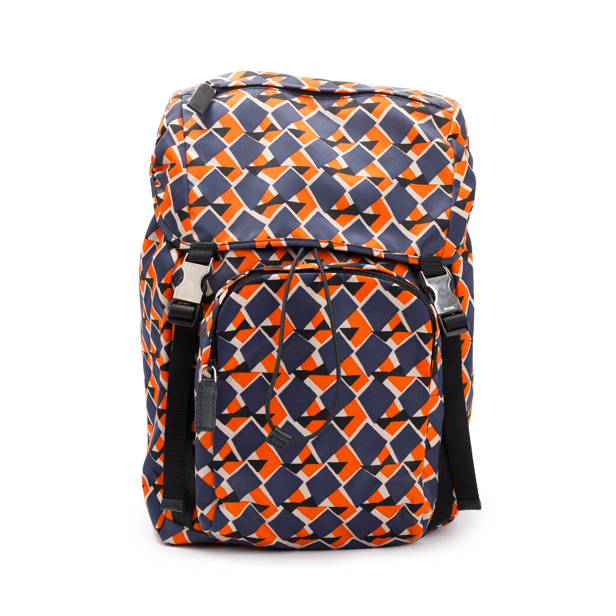 Prada Orange/Navy Tessuto Stampato Double Buckle Backpack w/ Authenticity Card