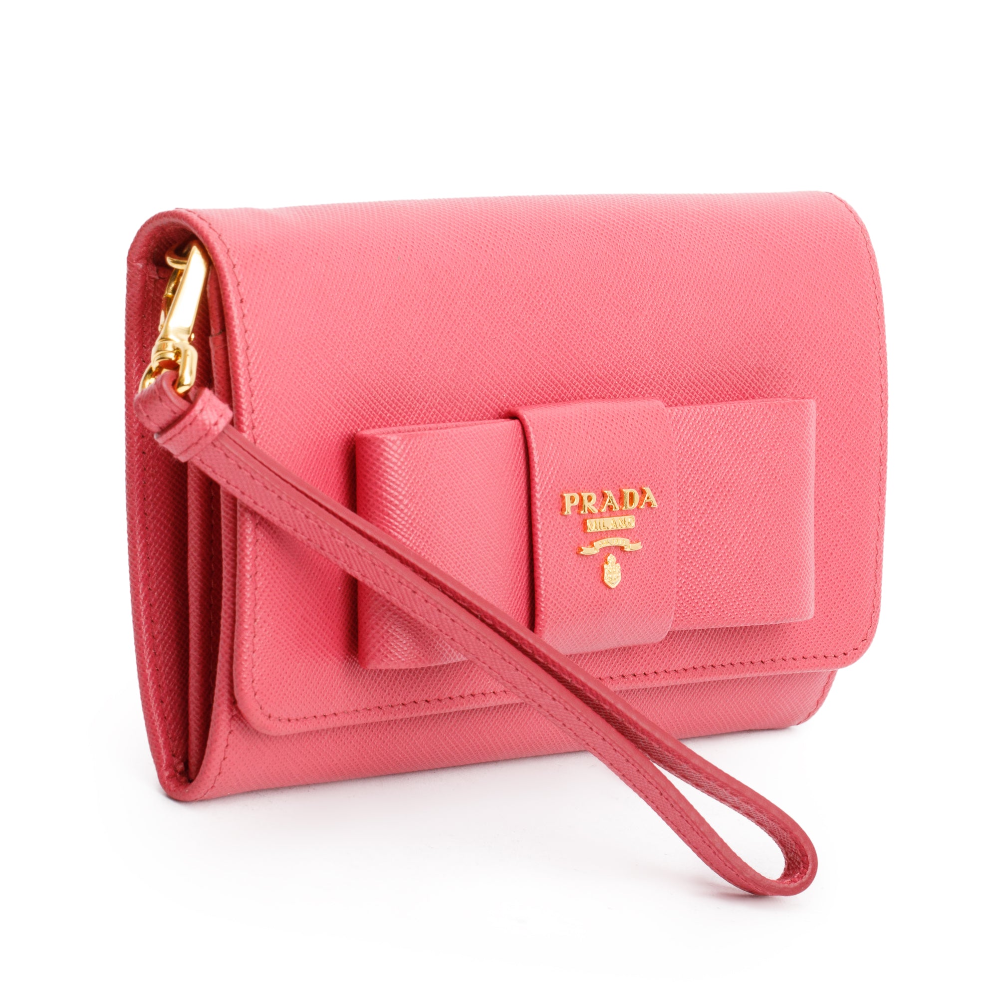 Prada Pink Saffiano Leather Bow Wristlet Wallet