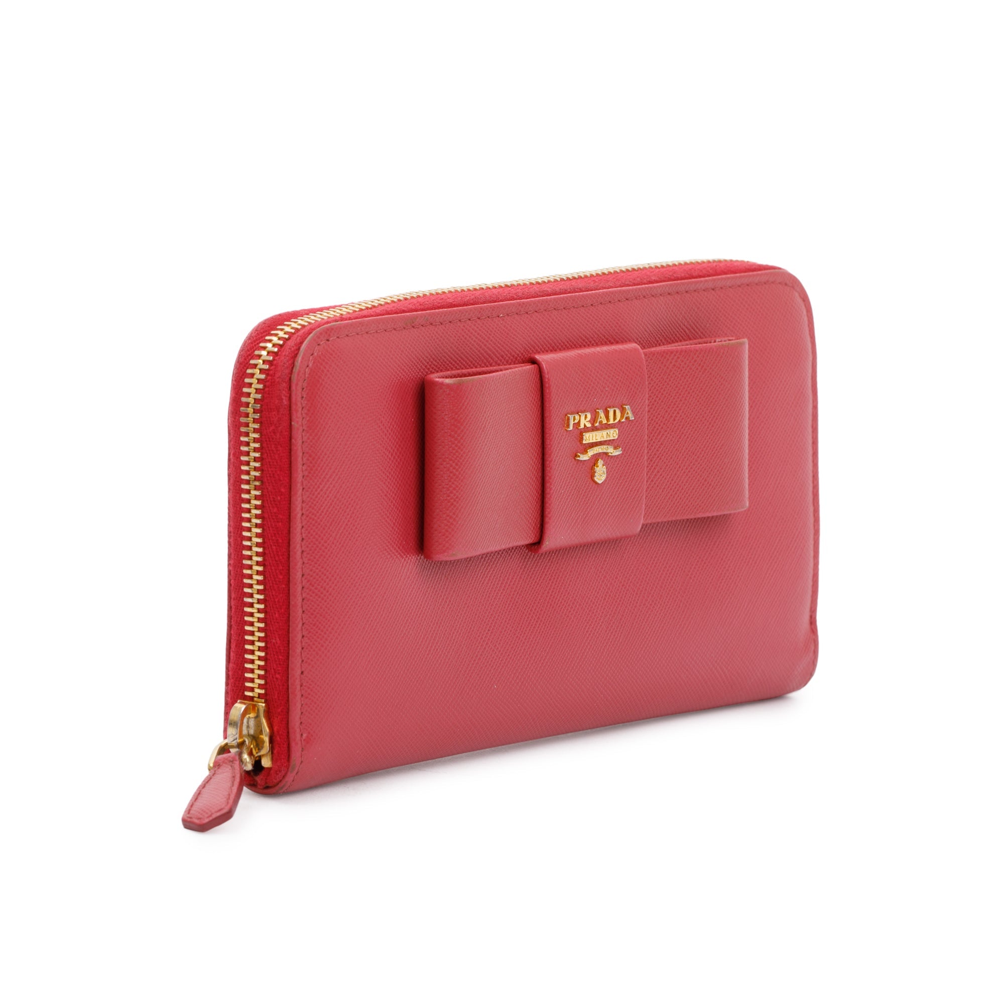 Prada Pink Saffiano Leather Bow Zip Around Wallet