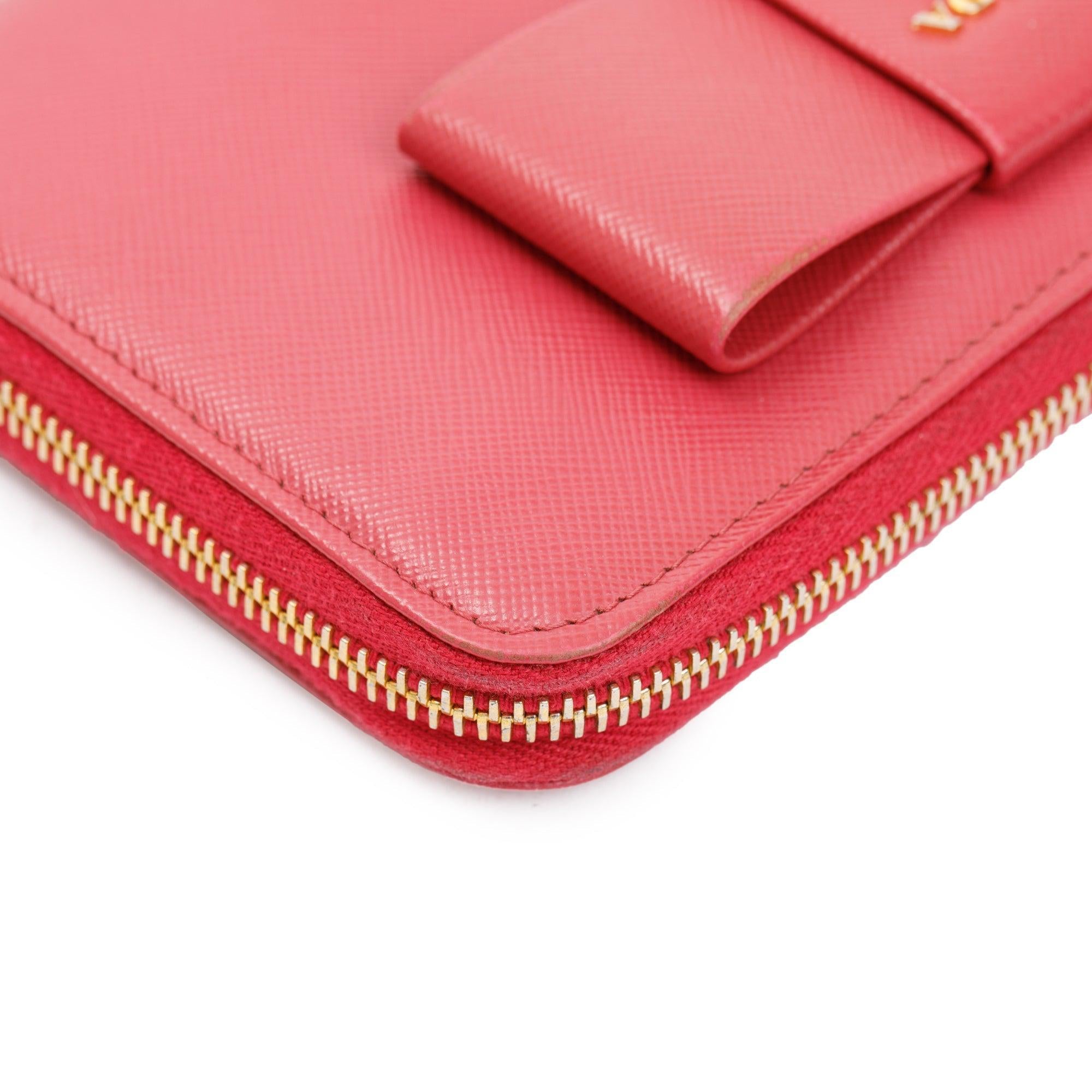 Prada Pink Saffiano Leather Bow Zip Around Wallet