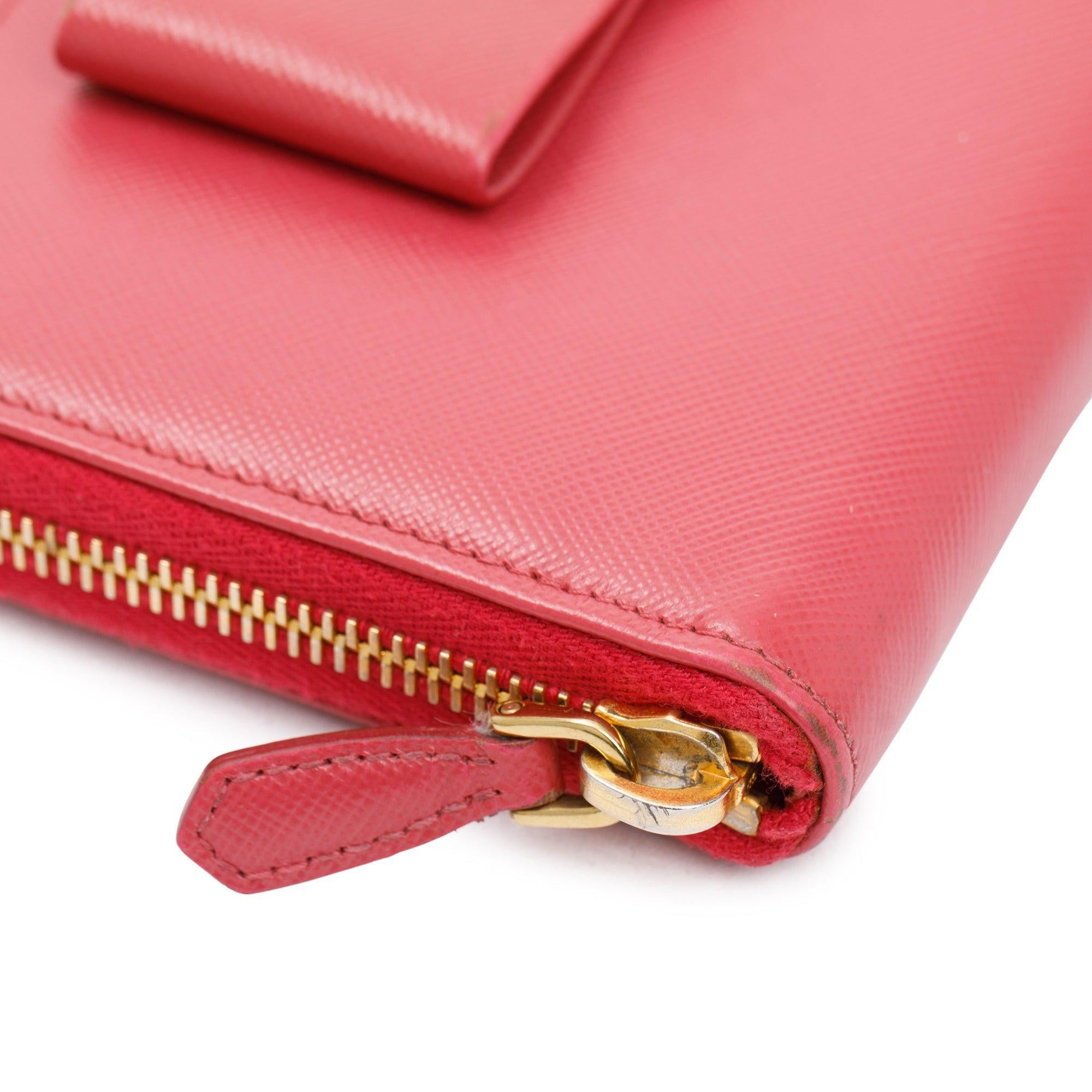Prada Pink Saffiano Leather Bow Zip Around Wallet