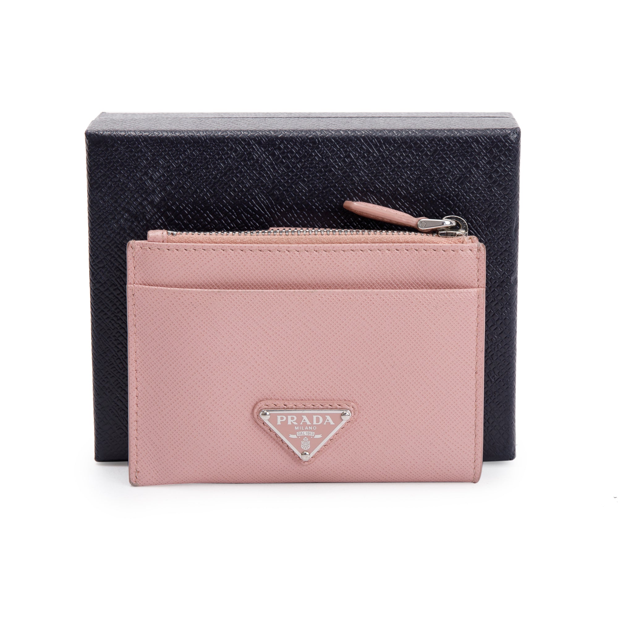 Prada Pink Saffiano Leather Zip Card Holder w/ Box