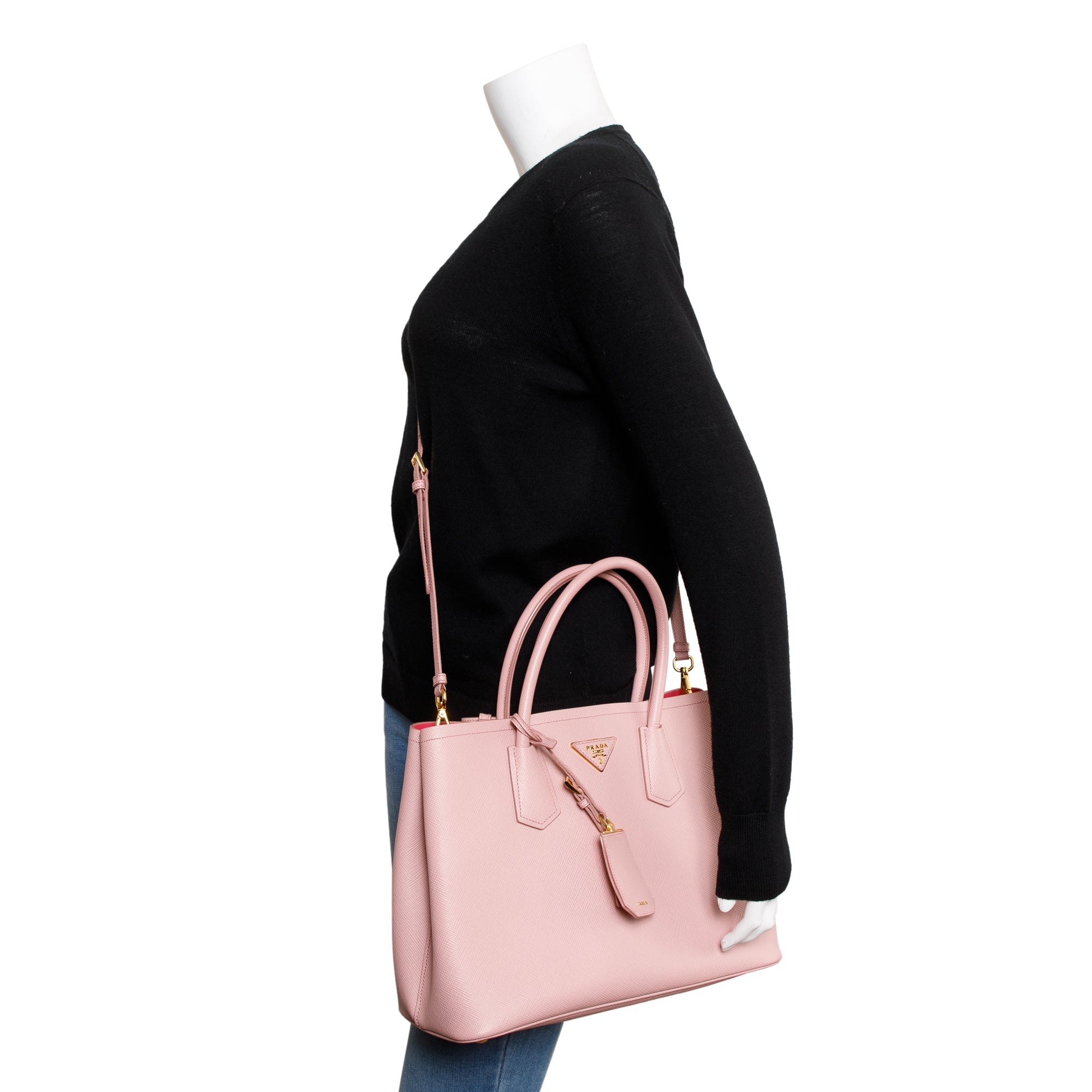 Prada Pink Saffiano Lux Medium Cuir Double Tote w/ Strap