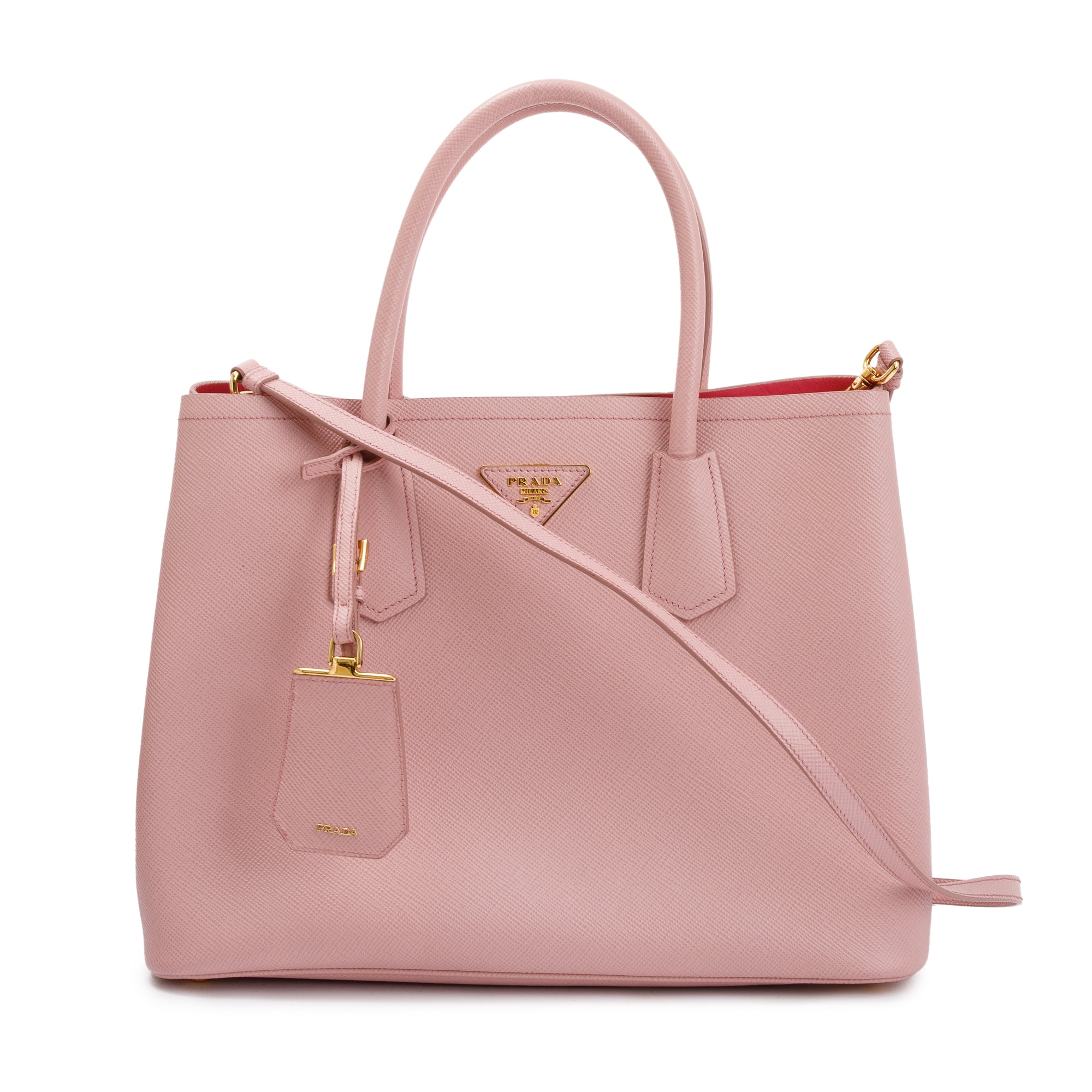 Prada Pink Saffiano Lux Medium Cuir Double Tote w/ Strap