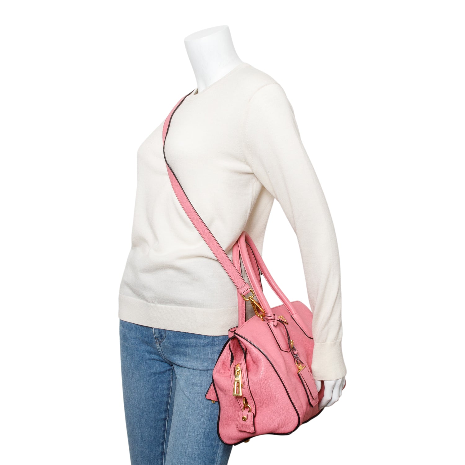 Prada Pink Vitello Grain Leather Signature Top Handle Bag w/ Strap & Authenticity Card