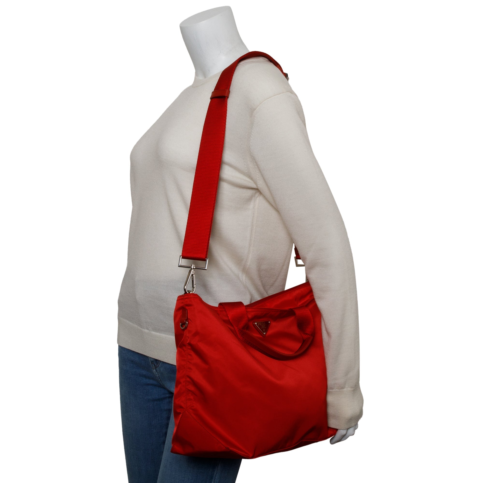 Prada Red Leather Trimmed Tessuto Nylon Convertible Tote w/ Strap