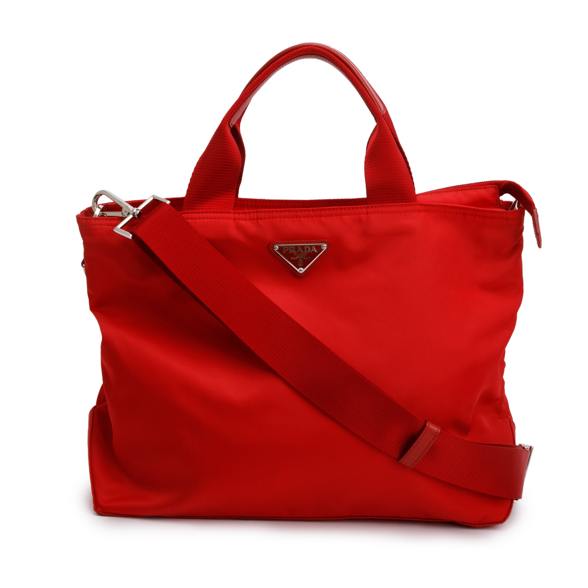 Prada Red Leather Trimmed Tessuto Nylon Convertible Tote w/ Strap