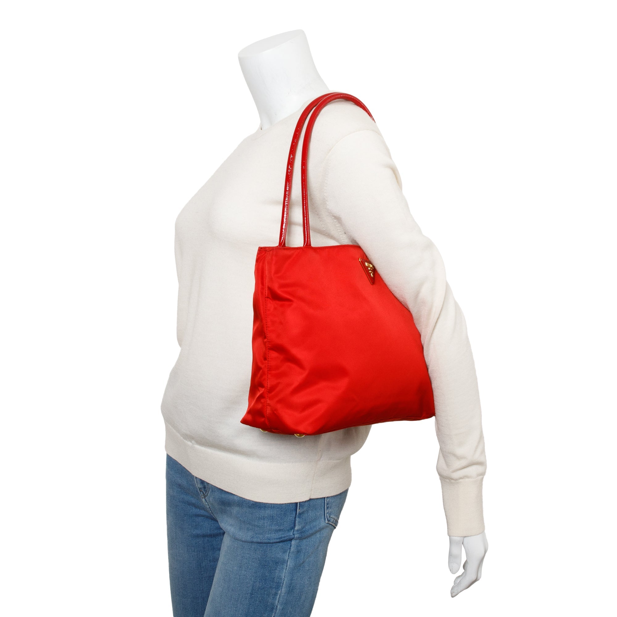 Prada Red Patent Leather Trimmed Tessuto Nylon Tote