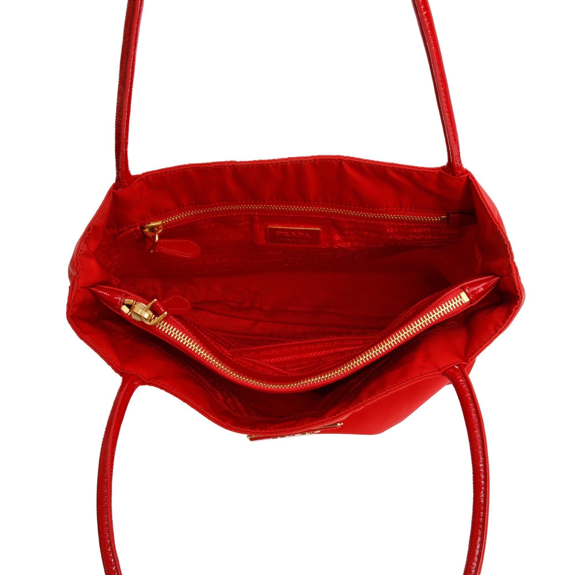 Prada Red Patent Leather Trimmed Tessuto Nylon Tote