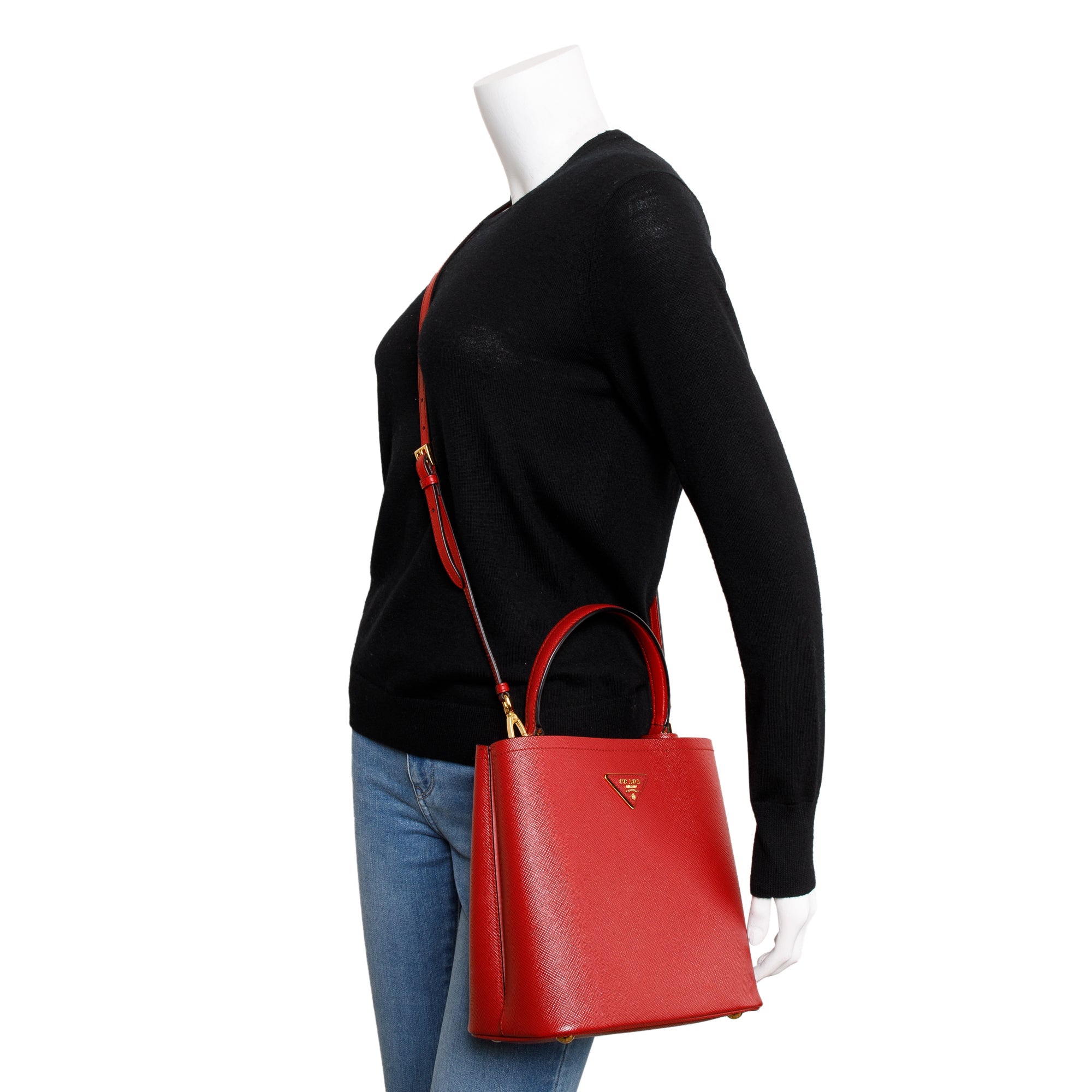 Prada Red Saffiano Cuir Medium Panier Bag w/ Strap & Authenticity Card