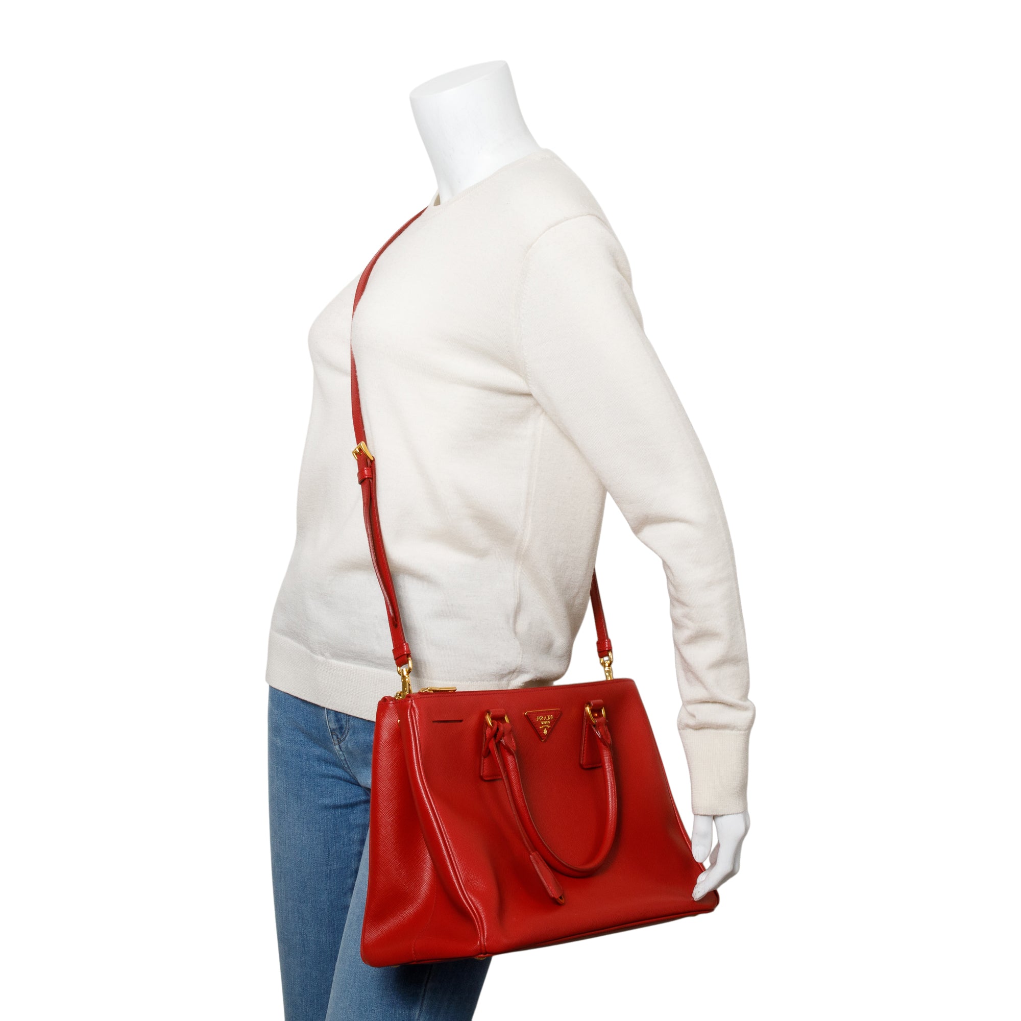 Prada Red Saffiano Lux Medium Double Zip Galleria Tote w/ Strap