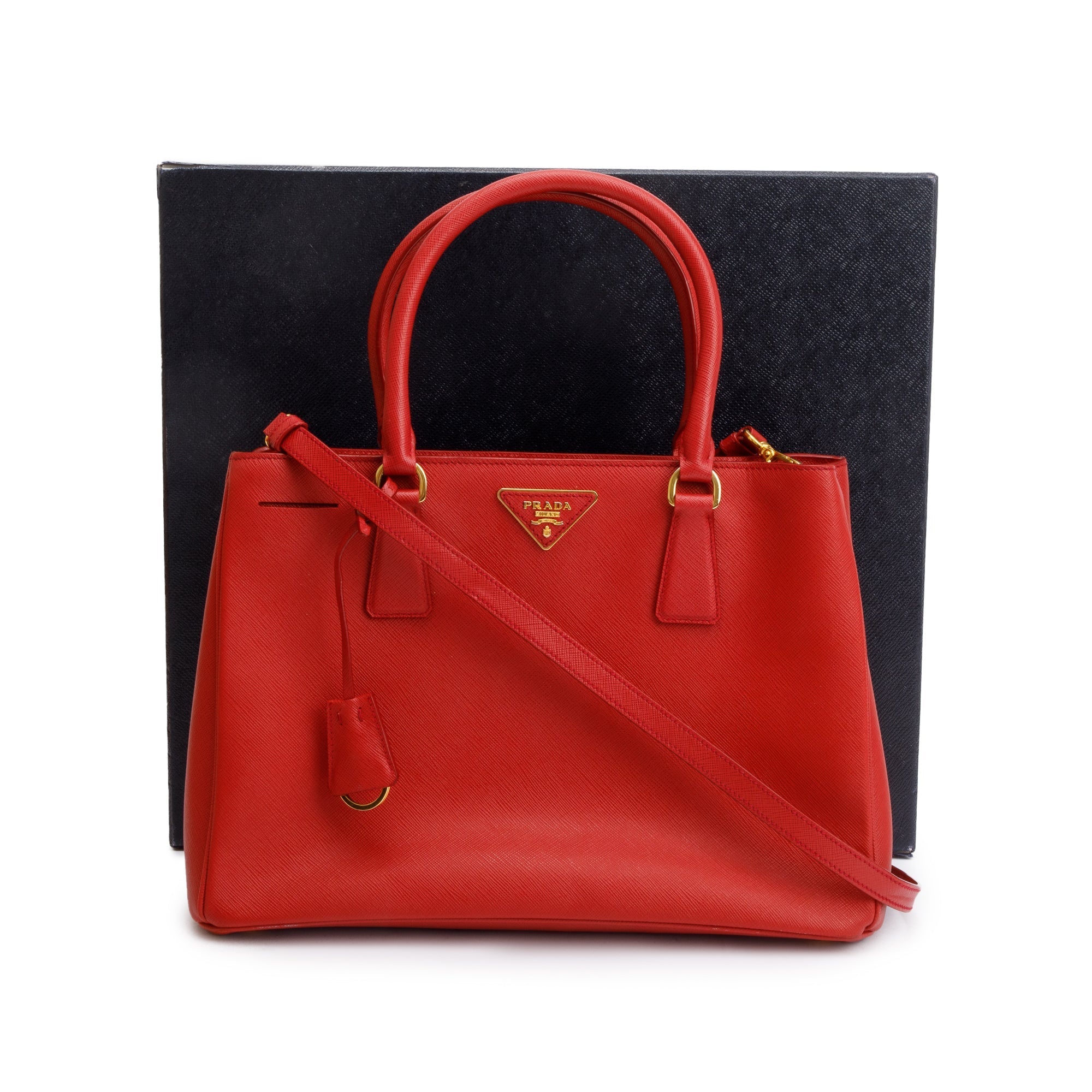 Prada Red Saffiano Lux Medium Galleria Tote w/ Strap & Box