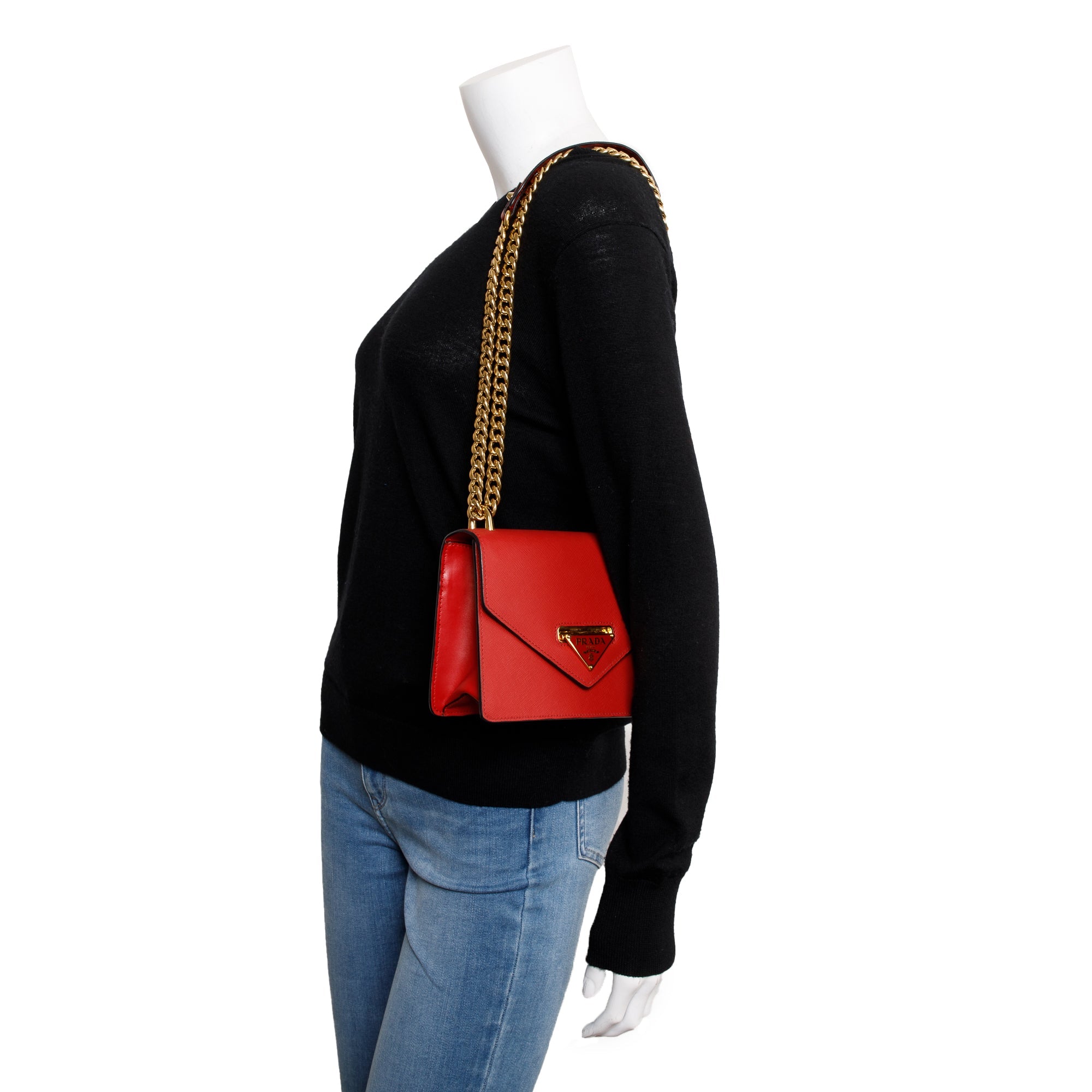 Prada Red Saffiano Soft Calf Leather Flop Lock Chain Crossbody Bag