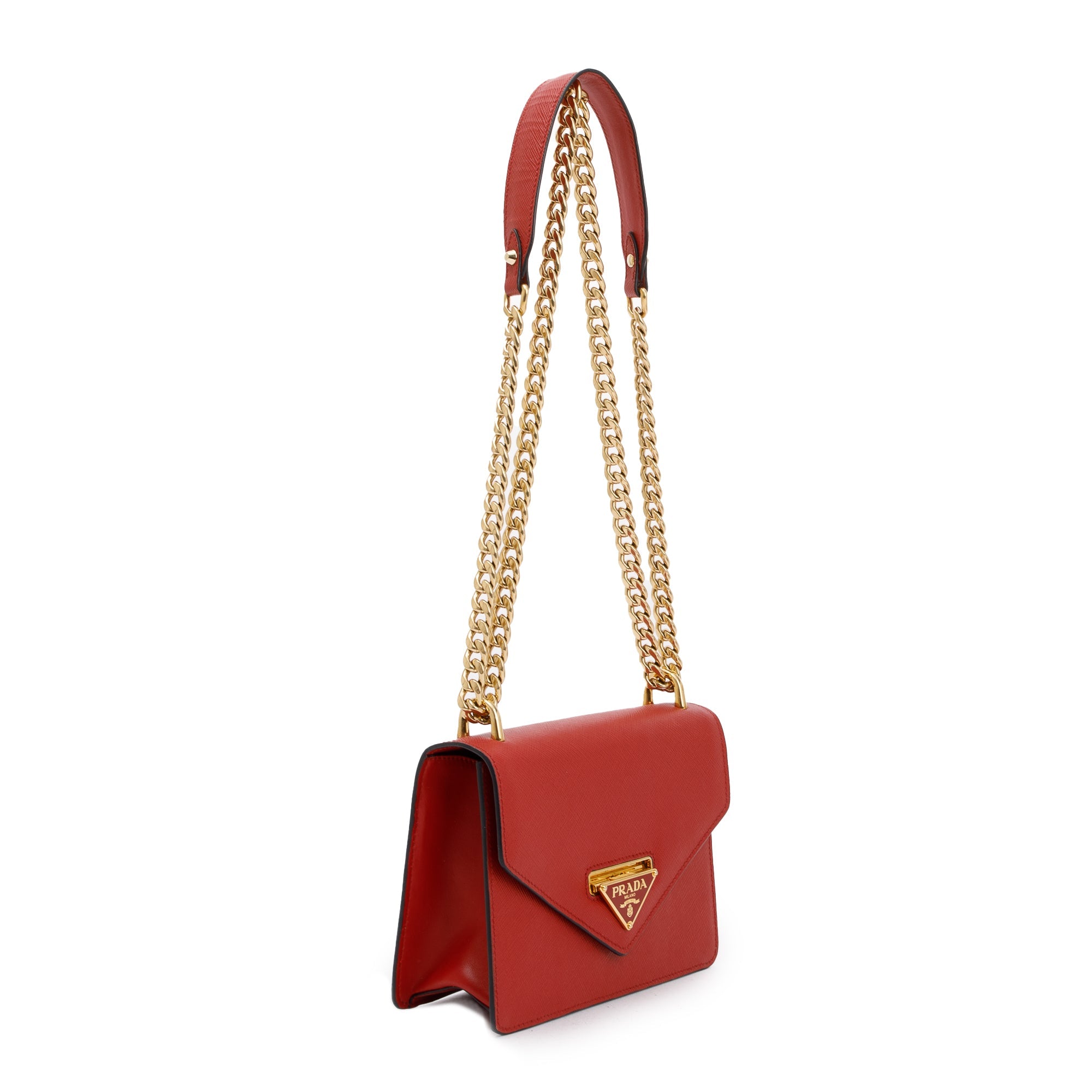 Prada Red Saffiano Soft Calf Leather Flop Lock Chain Crossbody Bag