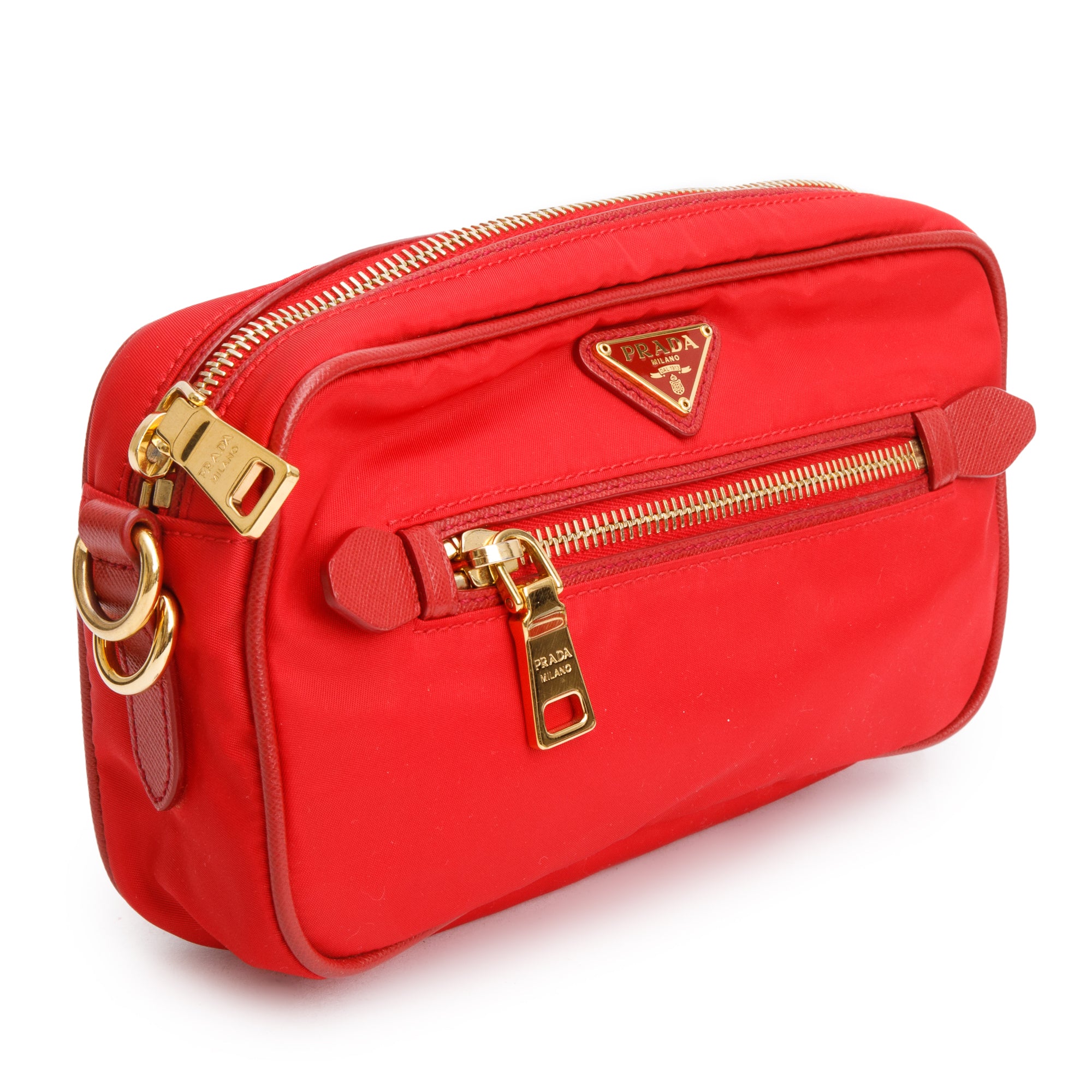 Prada Red Saffiano-Trimmed Tessuto Nylon Camera Crossbody Bag w/ Authenticity Card