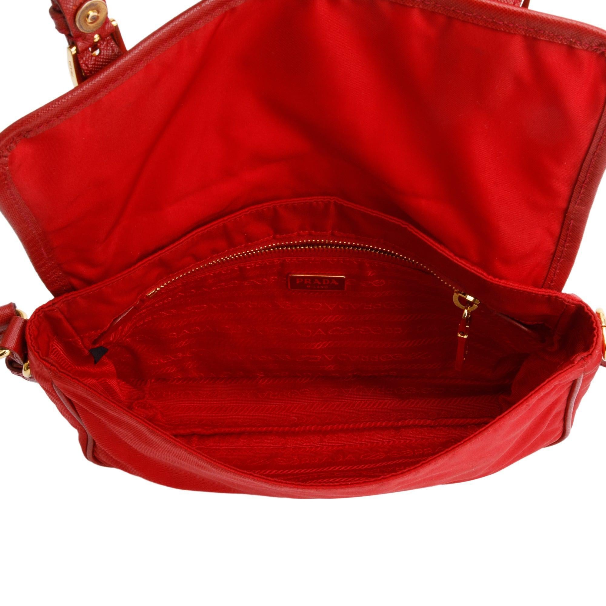 Prada Red Saffiano-Trimmed Tessuto Nylon Double Buckle Crossbody