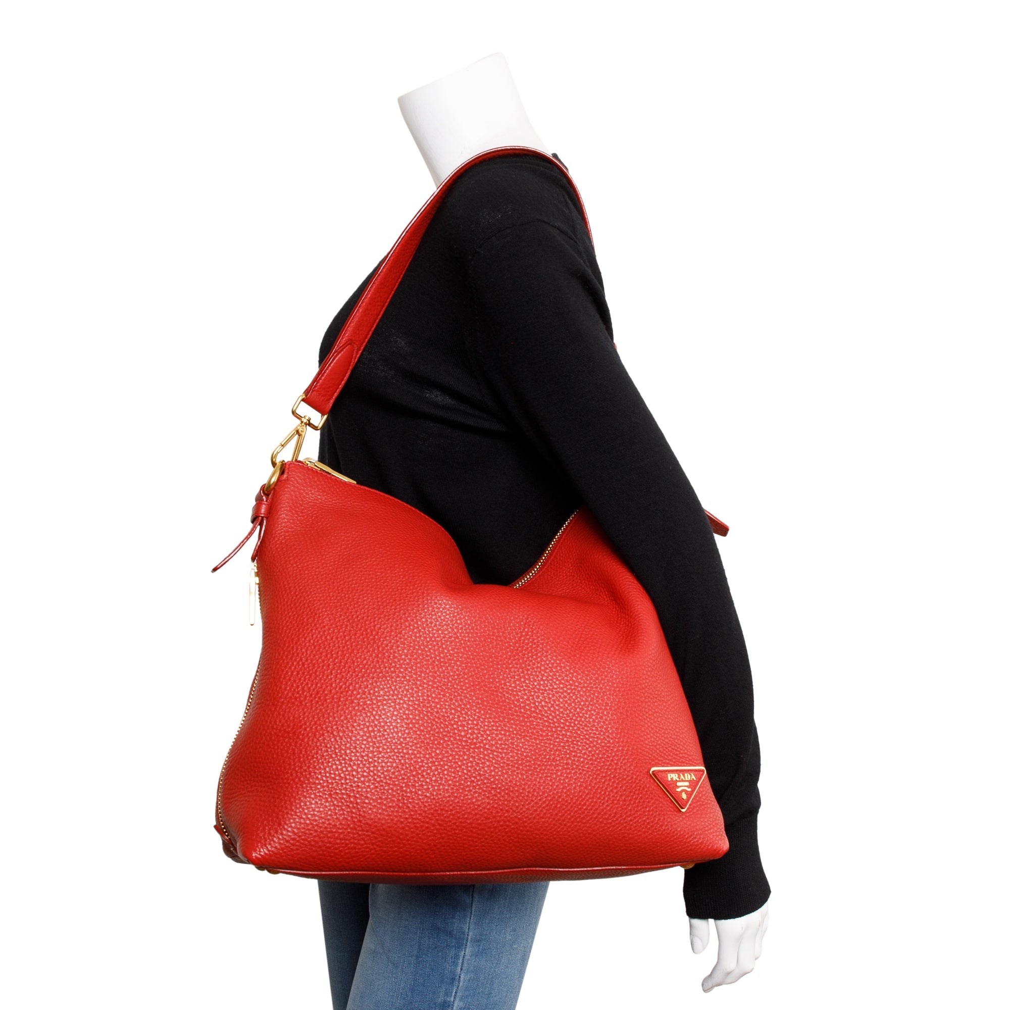 Prada Red Vitello Daino Leather Side Zip Hobo Bag