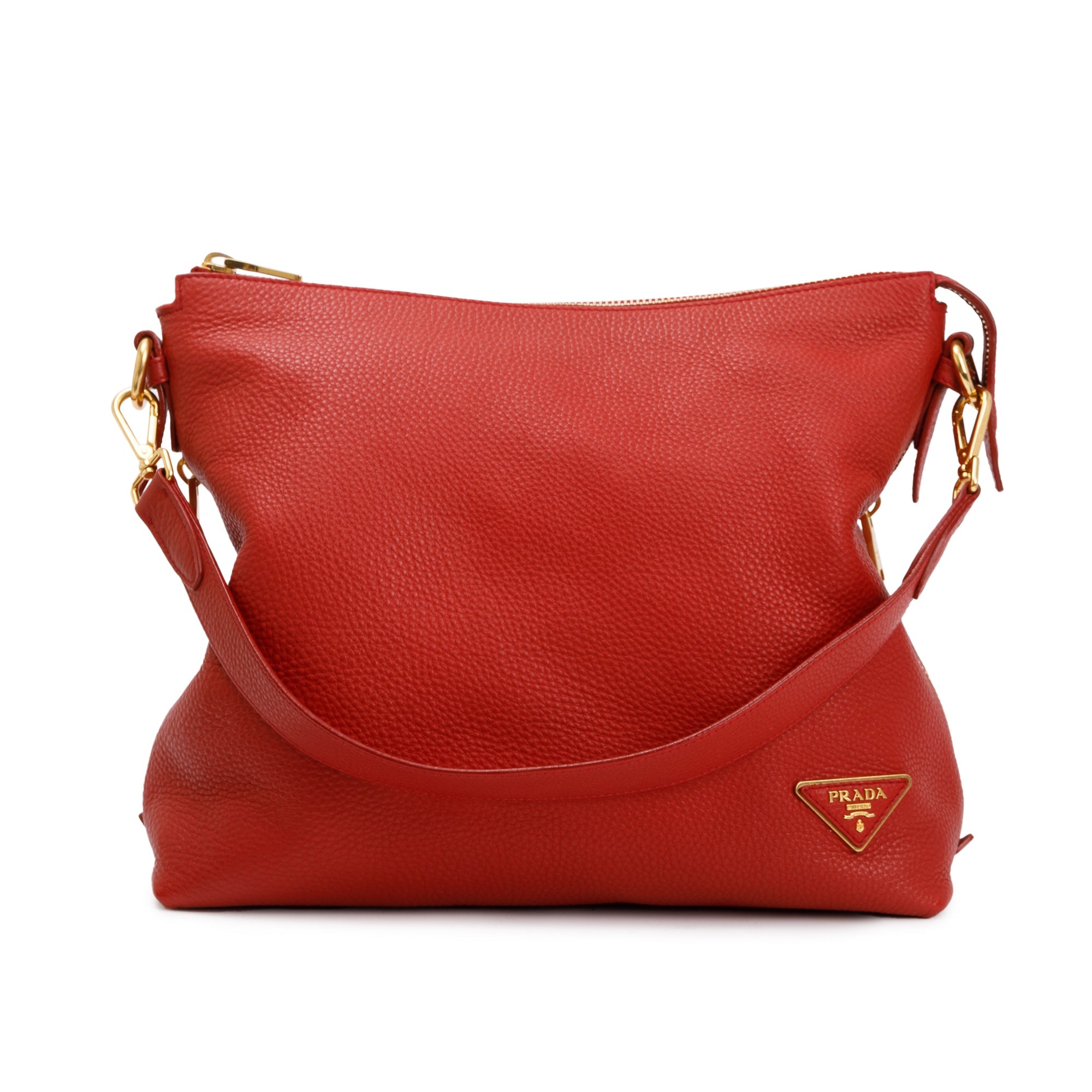 Prada Red Vitello Daino Leather Side Zip Hobo Bag