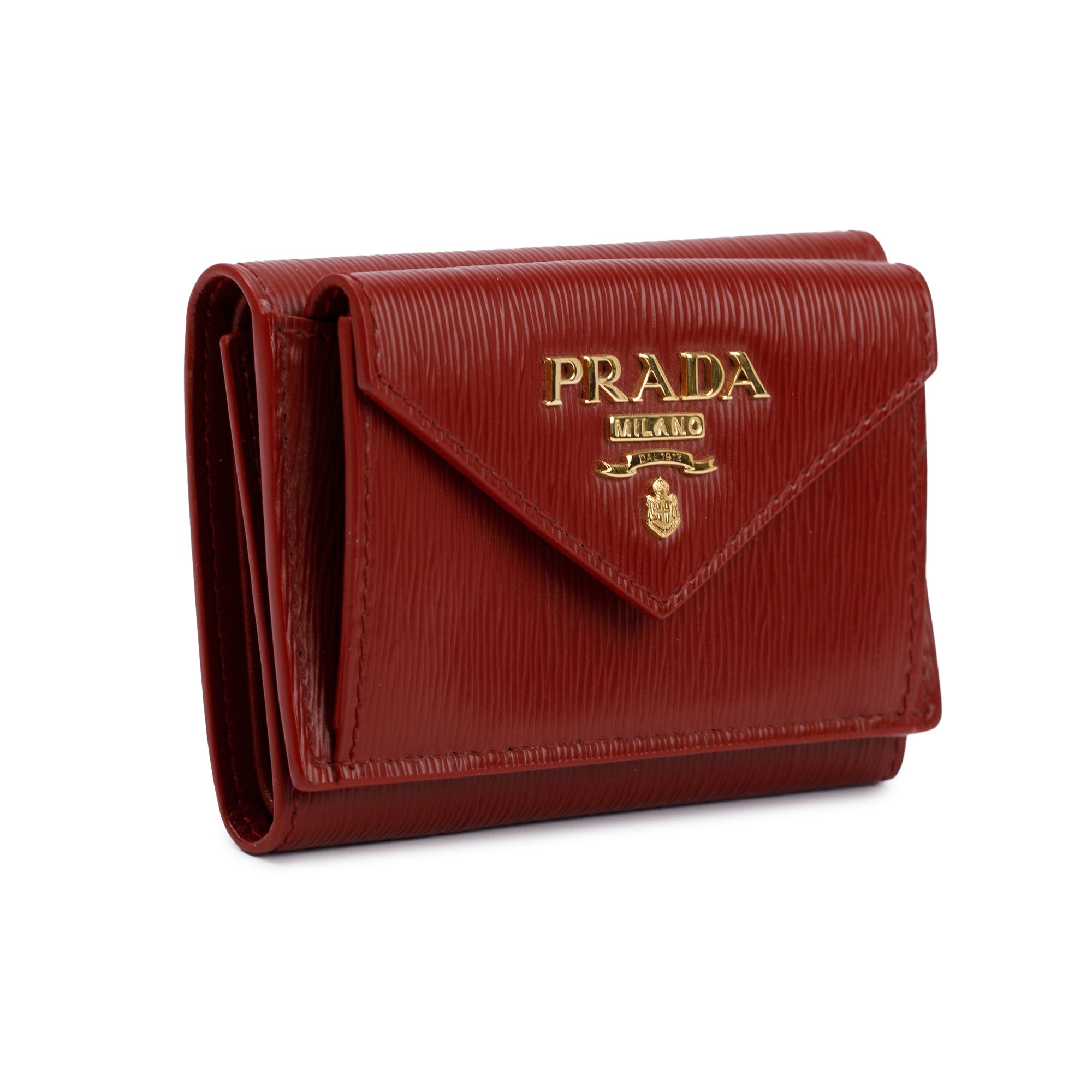Prada Red Vitello Move Compact Tri-Fold Wallet w/ Box