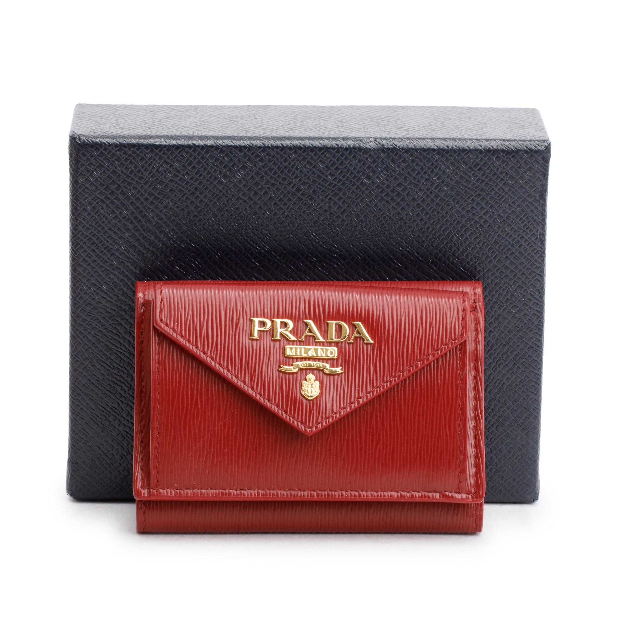 Prada Red Vitello Move Leather Compact Tri-Fold Wallet w/ Box