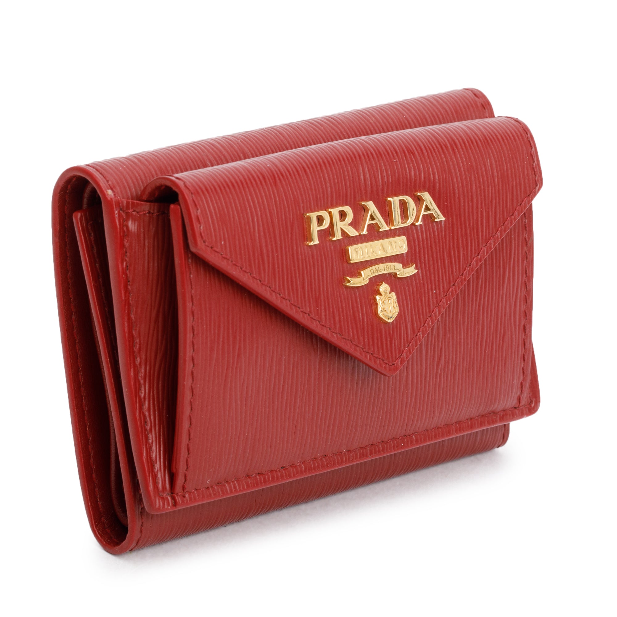 Prada Red Vitello Move Leather Compact Tri-Fold Wallet w/ Box