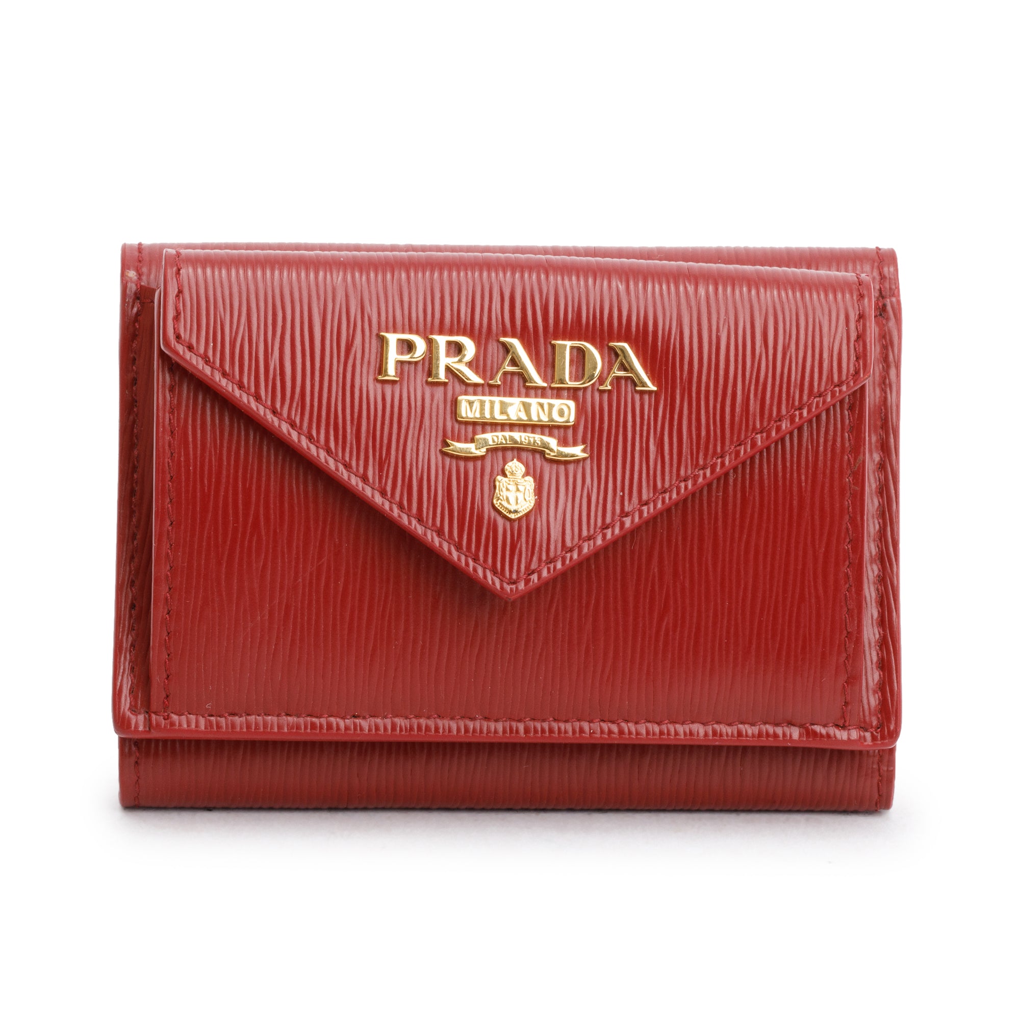 Prada Red Vitello Move Leather Compact Tri-Fold Wallet w/ Box