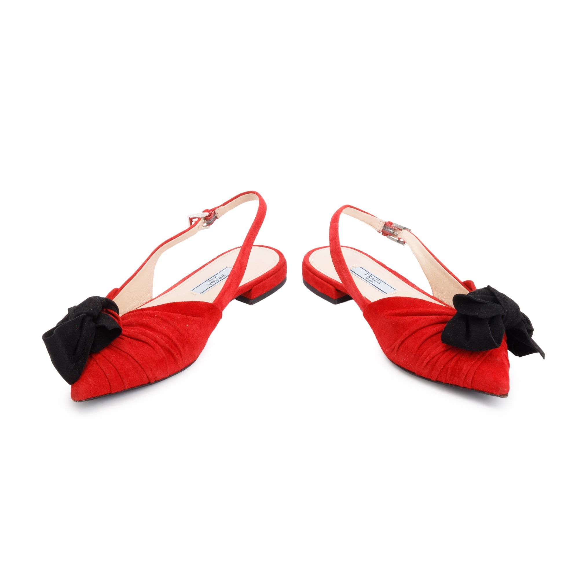 Prada Red/Black Suede Bow Flat Sandals, Size 6.5 w/ Box