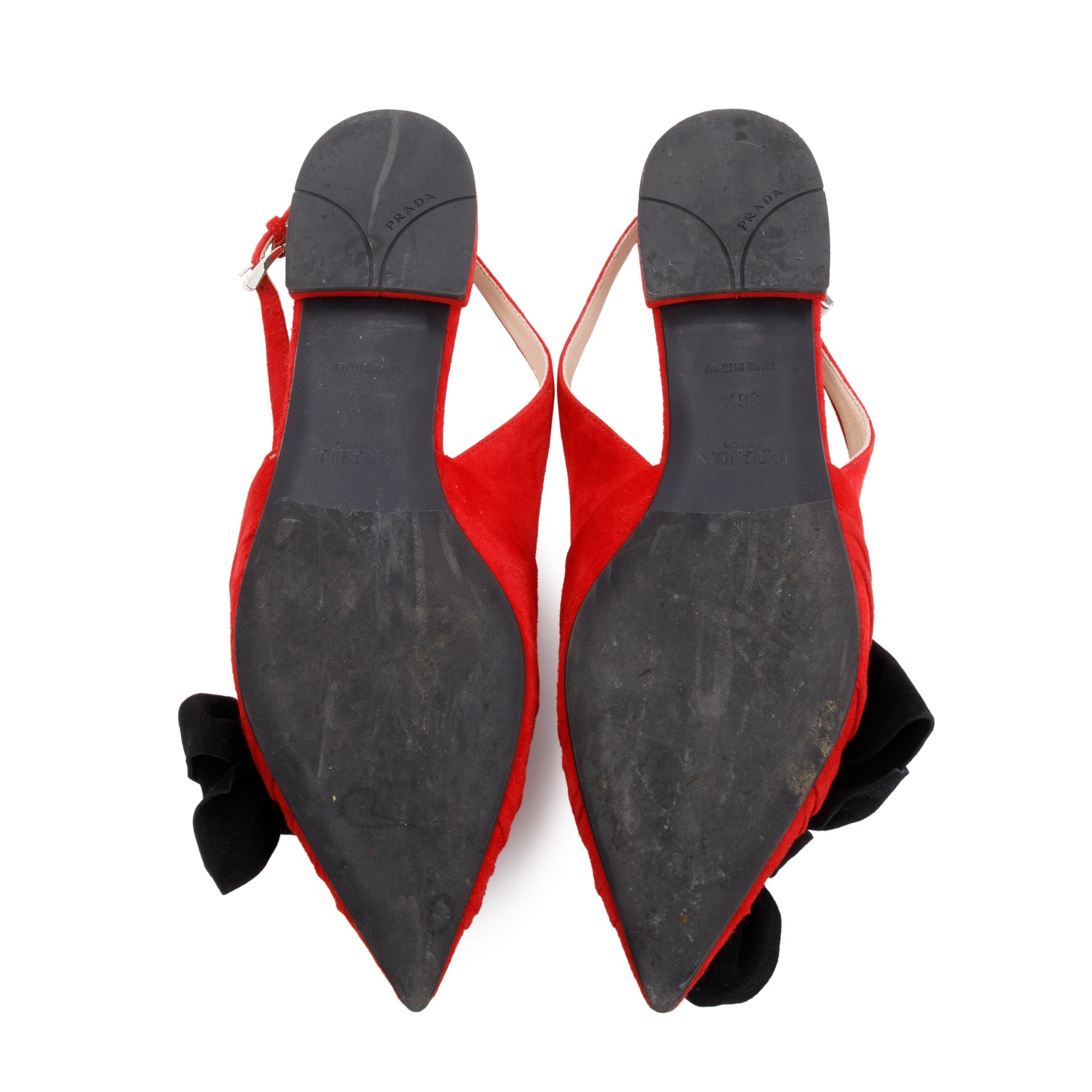 Prada Red/Black Suede Bow Flat Sandals, Size 6.5 w/ Box