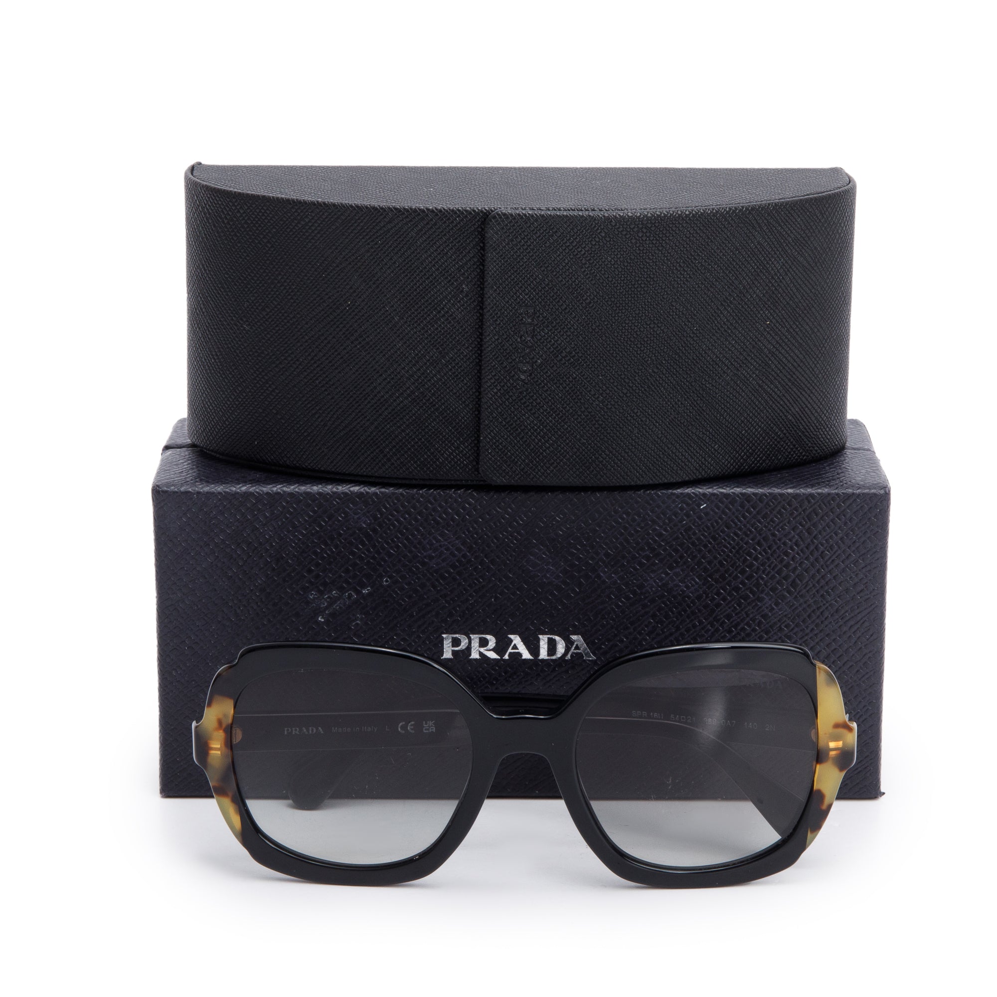 Prada SPR 16U Black/Havana Acetate Square Sunglasses w/ Box & Case