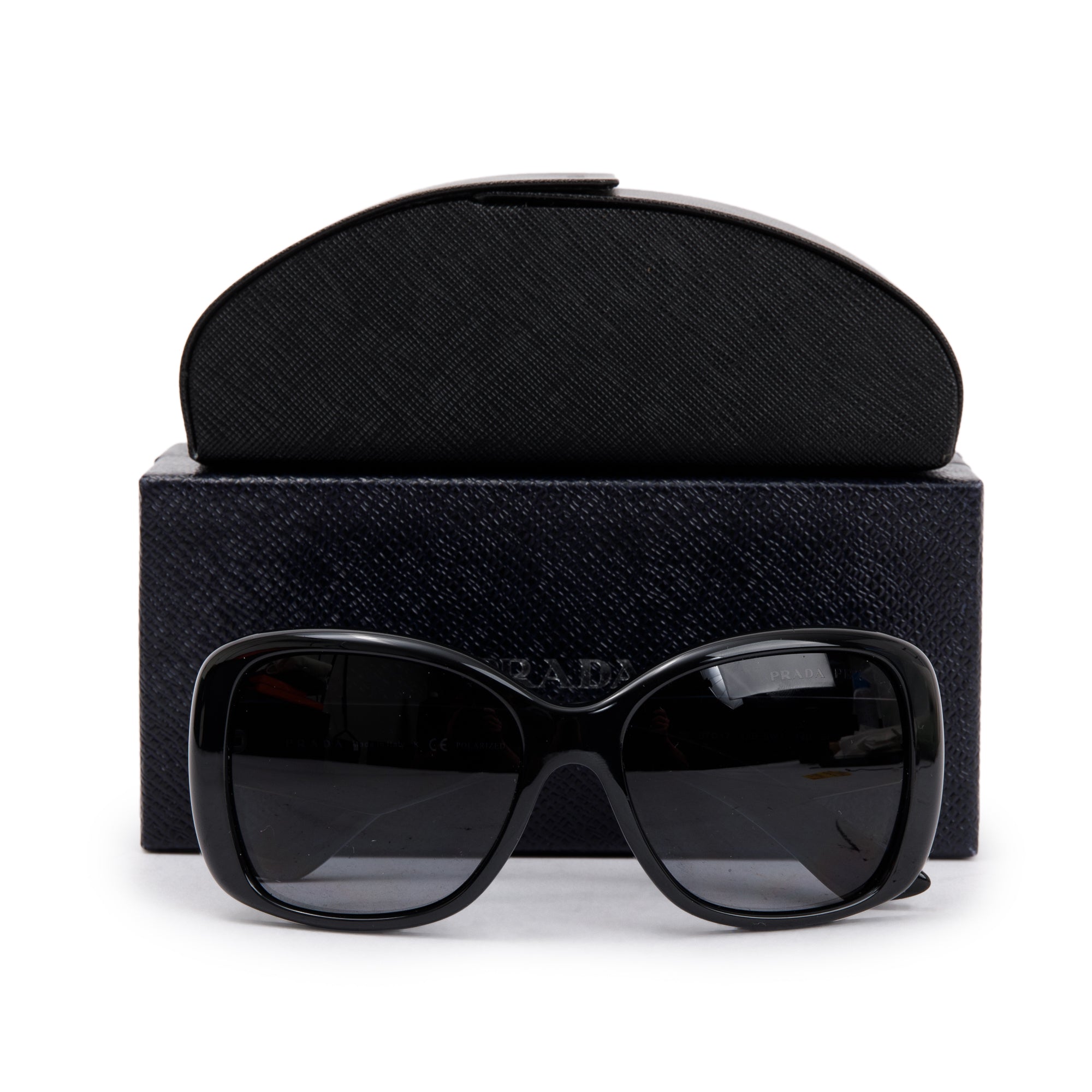 Prada SPR 32P Black Acetate Triangle Logo Sunglasses w/ Box & Case