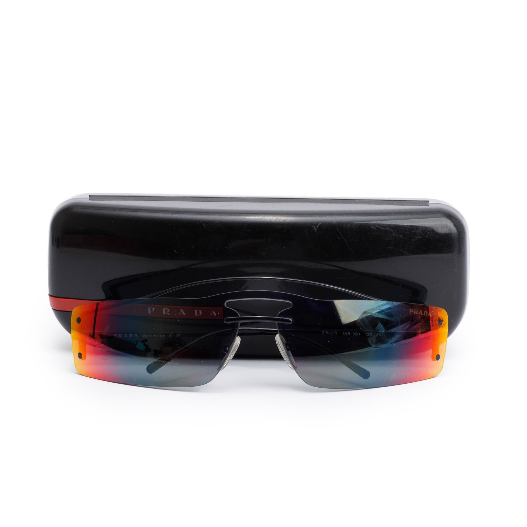 Prada SPR61V Black Metal Rimless Rectangle Shield Sunglasses w