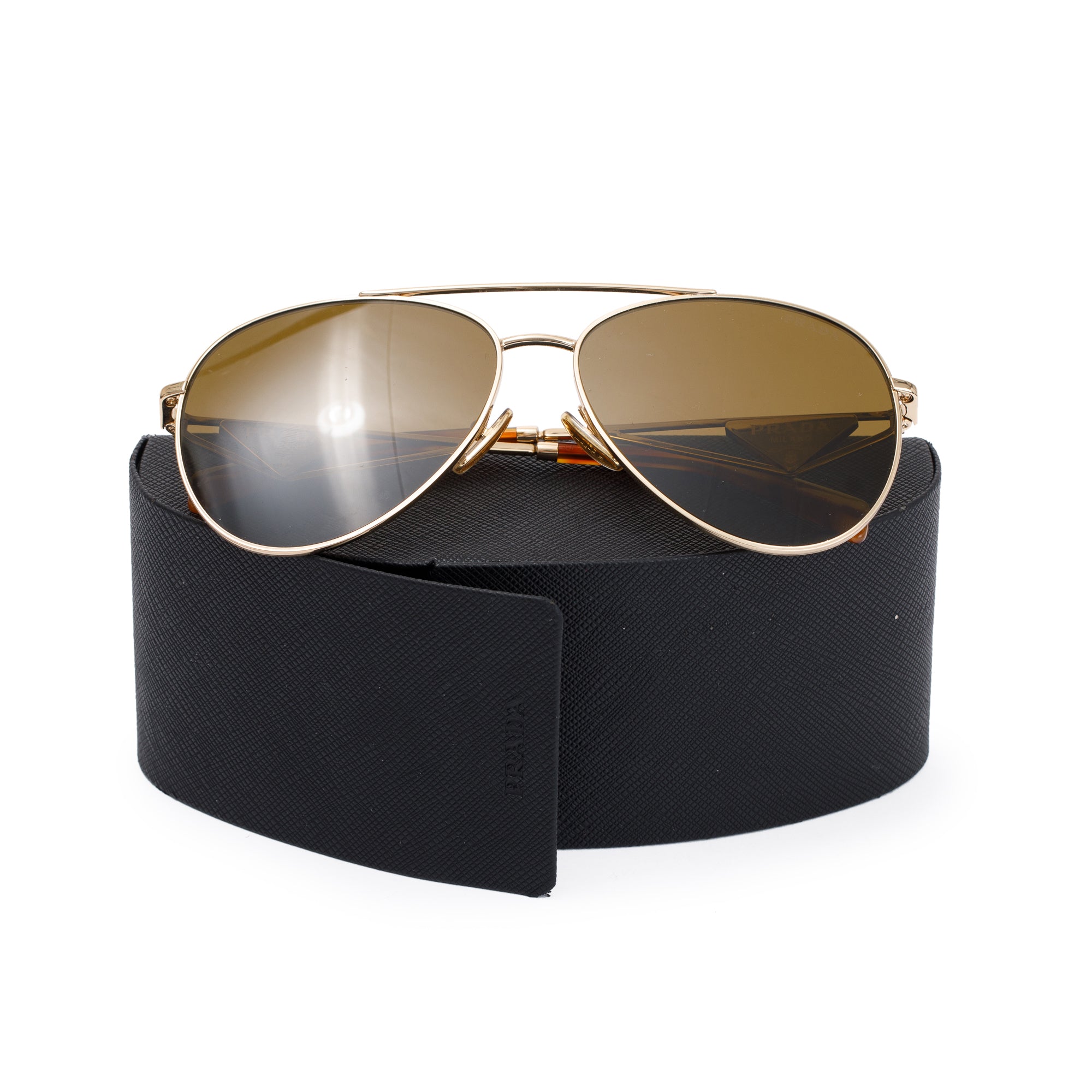 Prada SPR737 Gold-Tonte Metal Triangle Logo Aviator Sunglasses w/ Case