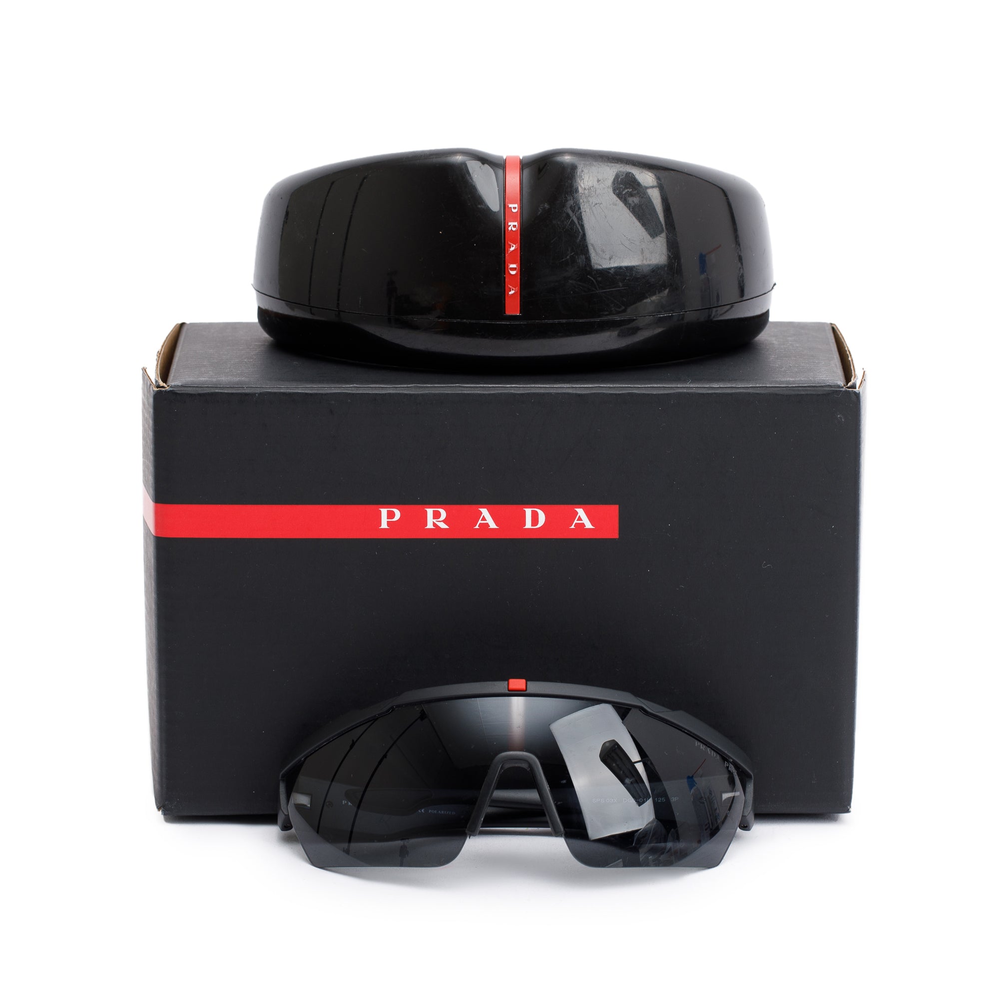 Prada SPS036 Black Linea Rossa Sport Shield Sunglasses w/ Box & Case