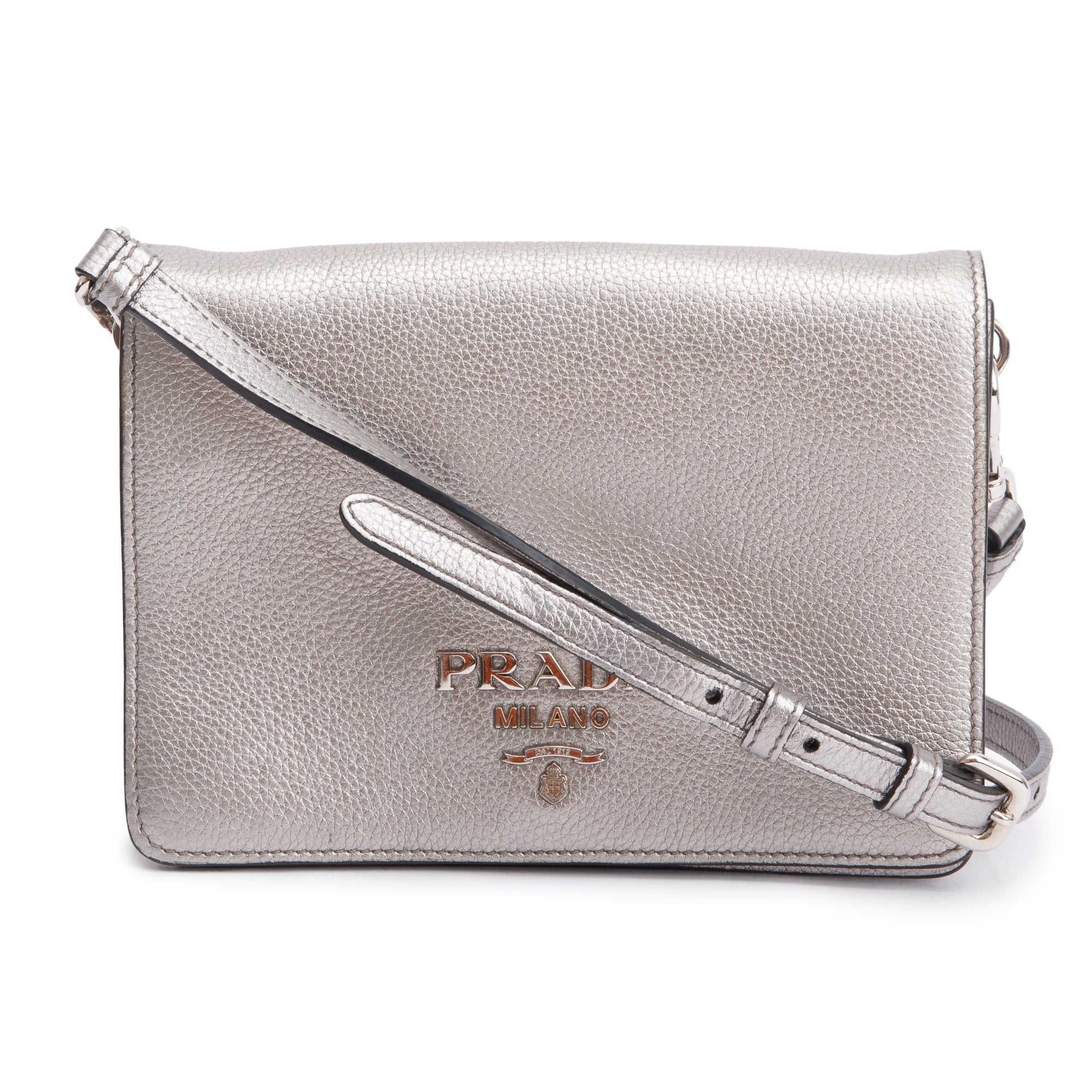 Prada Silver Metallic Vitello Daino Metal Logo Crossbody Bag