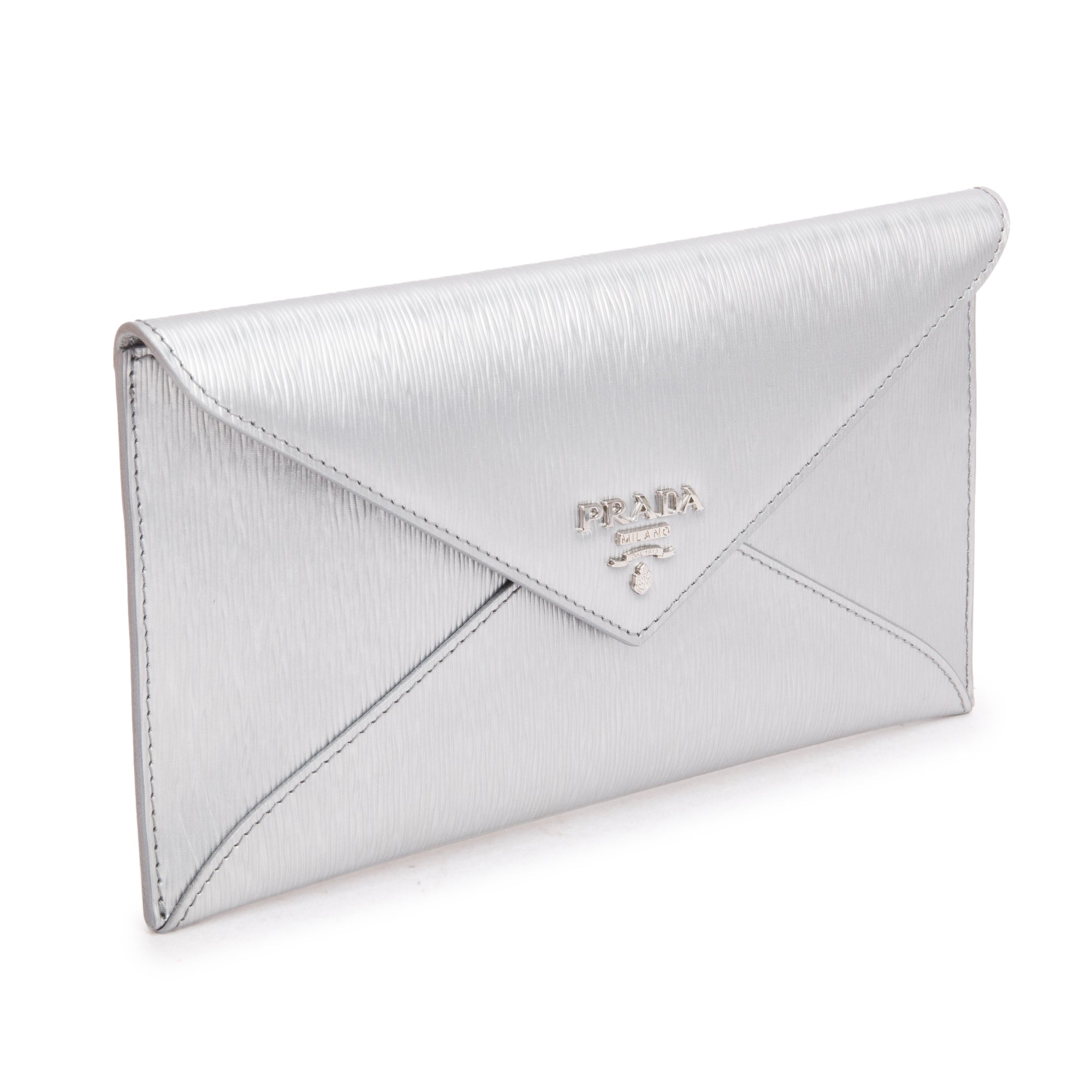 Prada Silver Metallic Vitello Move Leather Envelope Wallet w/ Box