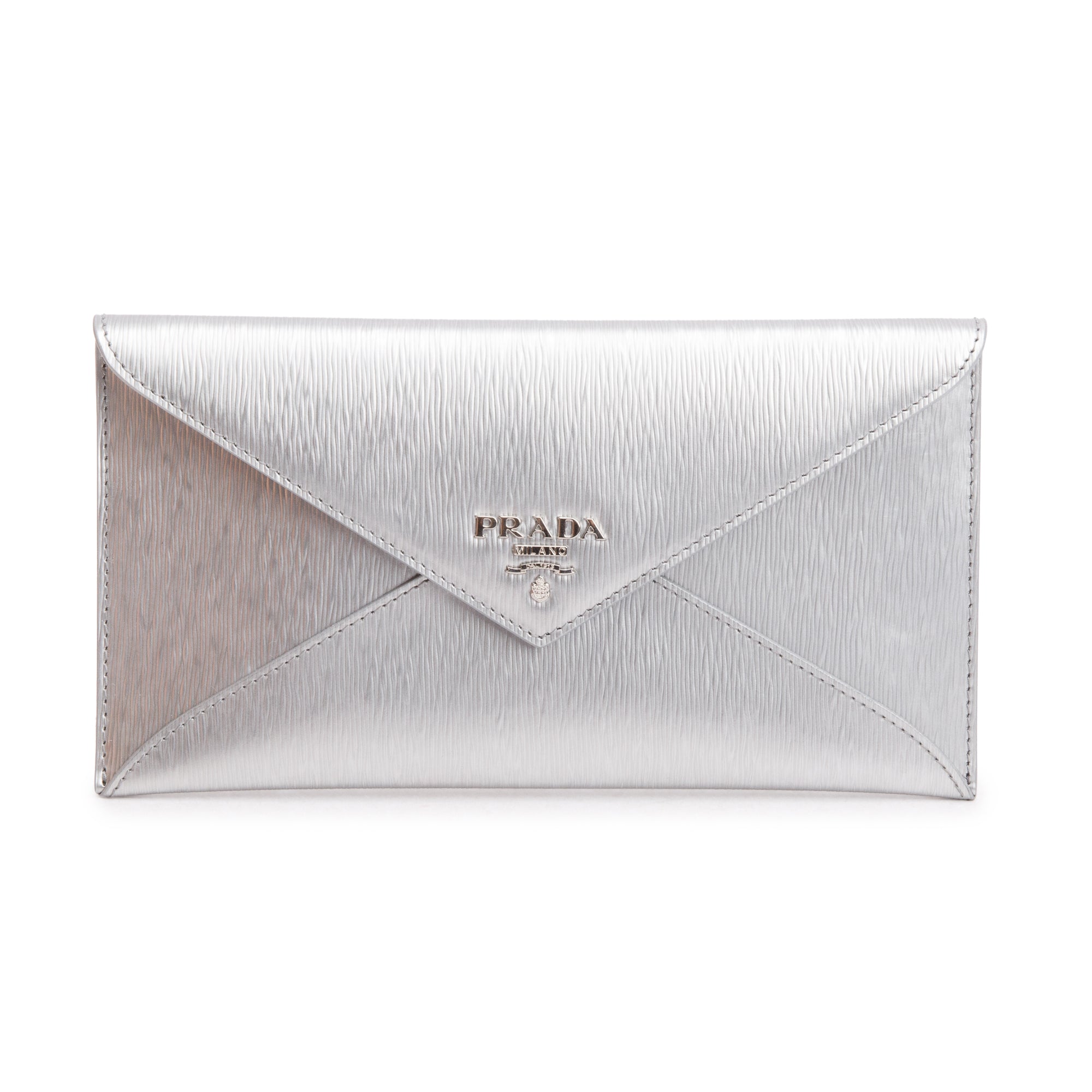 Prada Silver Metallic Vitello Move Leather Envelope Wallet w/ Box