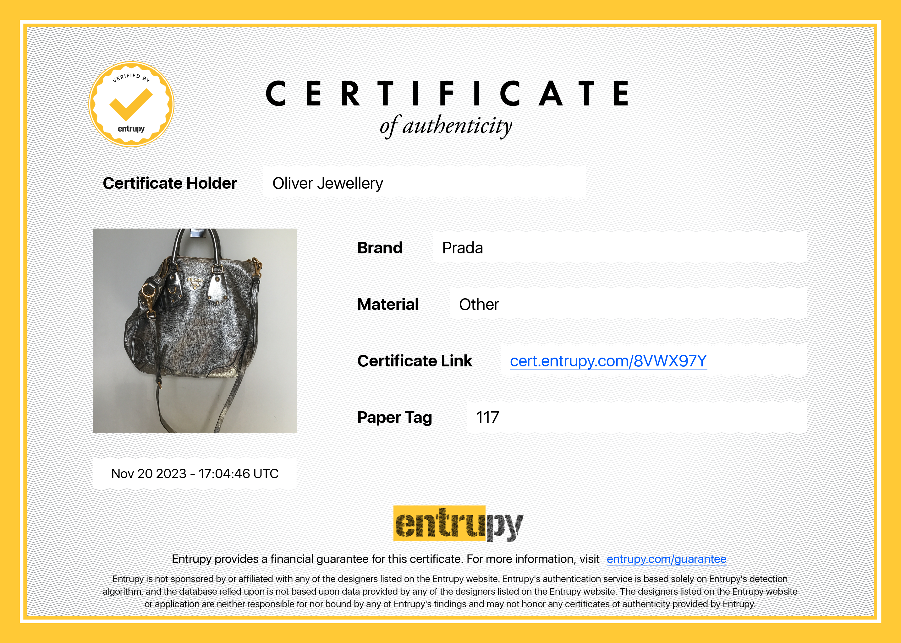 Prada Silver Vitello Daino Leather Tote w/ Strap & Authenticity Card